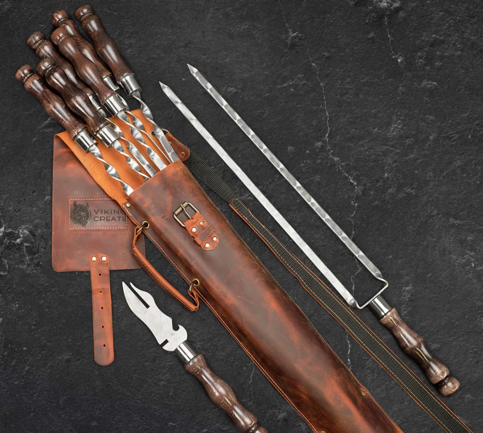 “Quiver Max" Camping Accessories BBQ Skewers Set  in a Leather Case, 9 items