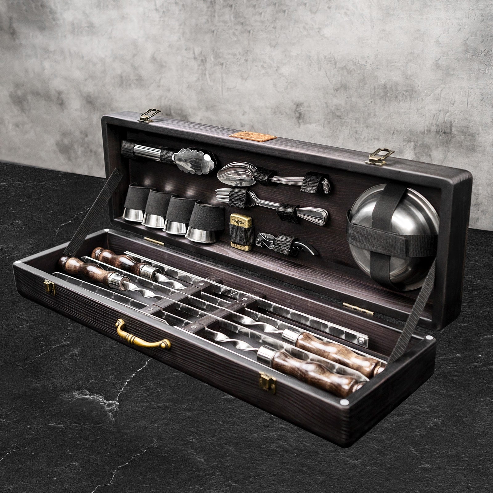"Skeid" Outdoor Grilling Accessories BBQ Skewers Set  in a Wooden Case, 25 items