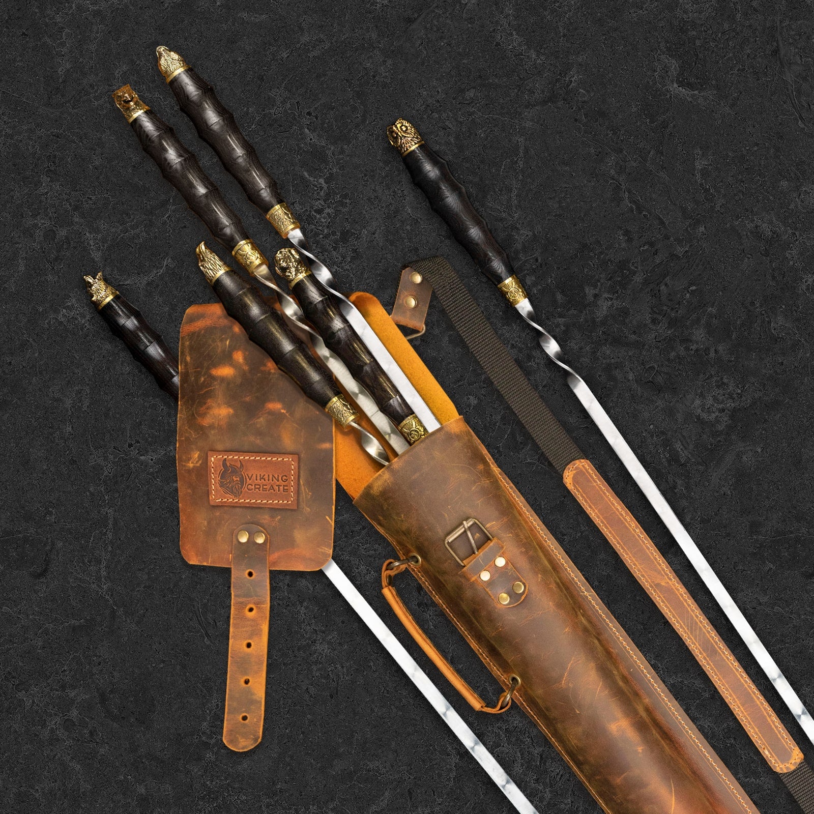 "Viking" Set in a Leather Case Camping Accessories BBQ Skewers Set  in a Leather Case, 7 items