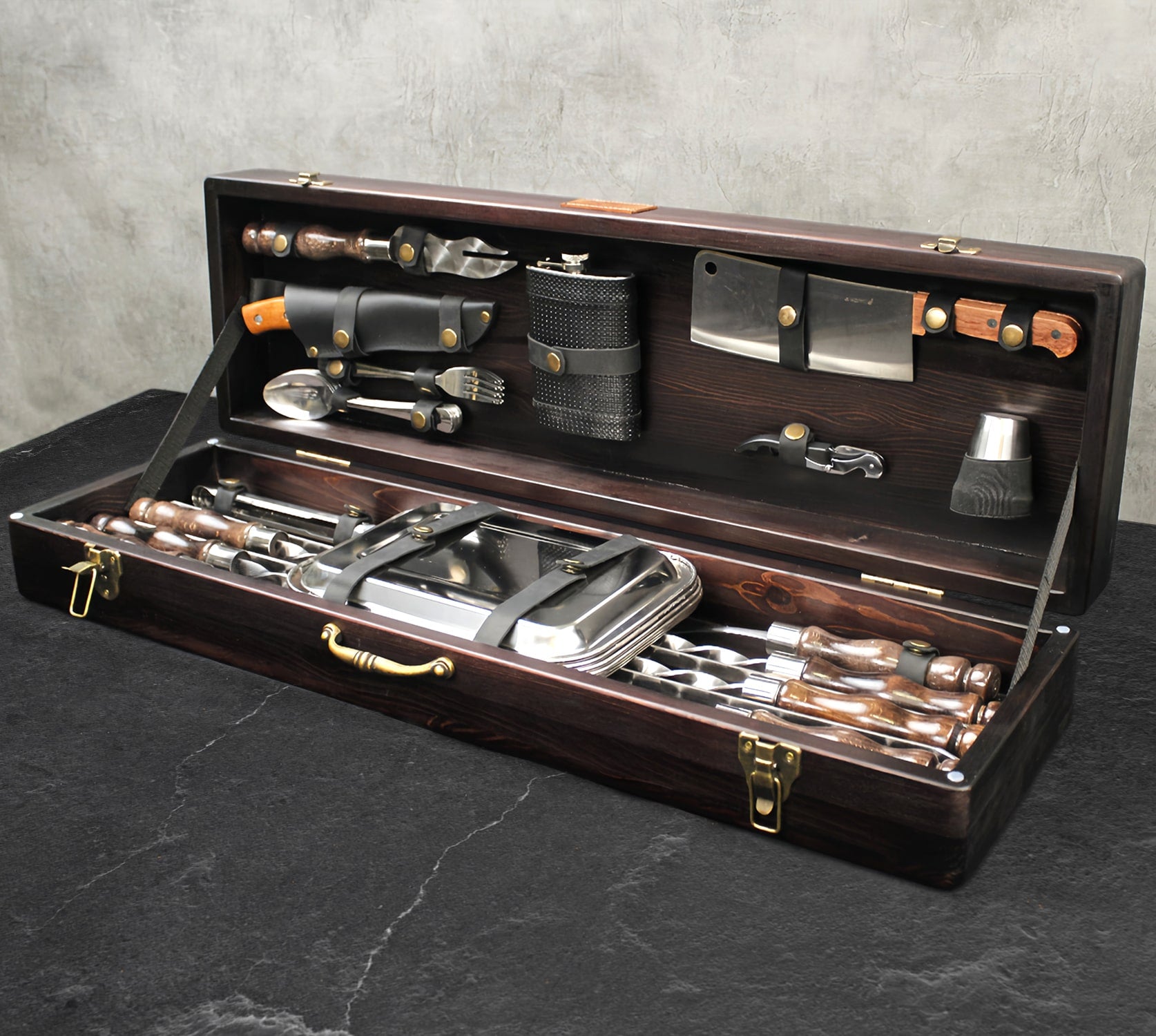 “Wild Boar" Camping Accessories BBQ Skewers Set in a Wooden Case, 37 items