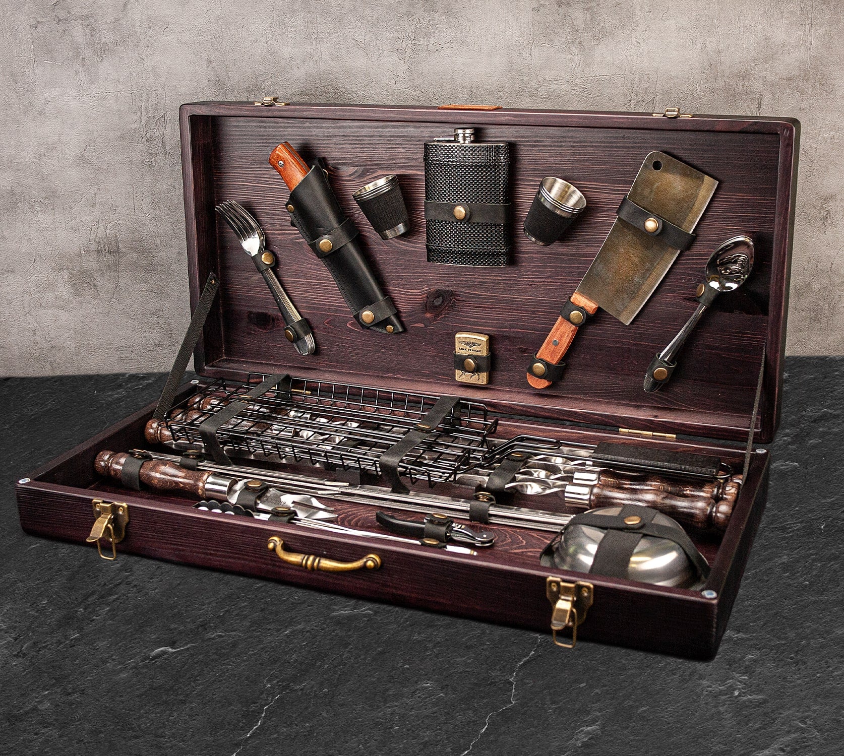 “Odin" Grilling Accessories BBQ Skewers Set  in a Wooden Case, 45 items