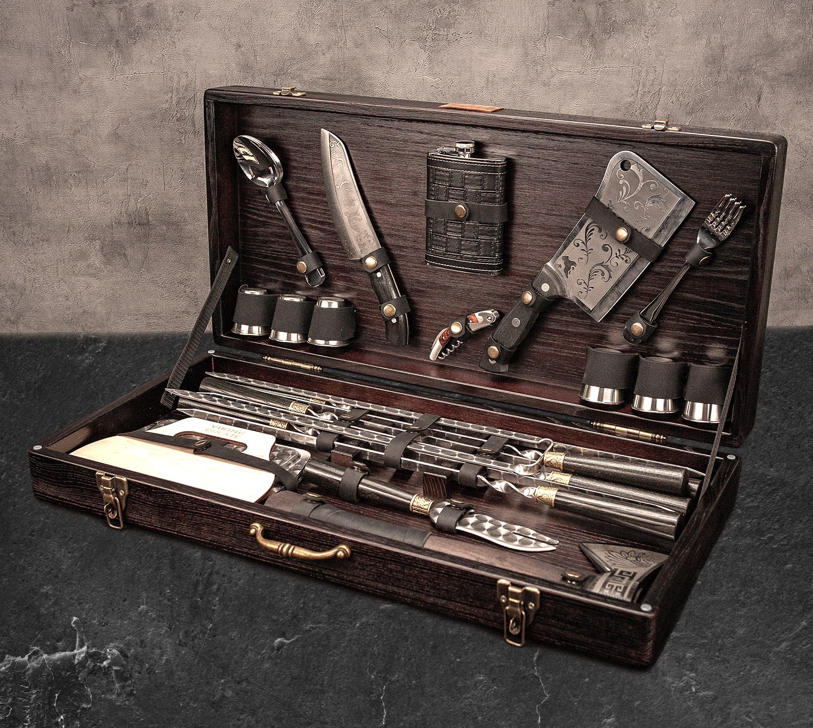 “Rhino" Camping Accessories BBQ Skewers Set in a Wooden Case, 38 items