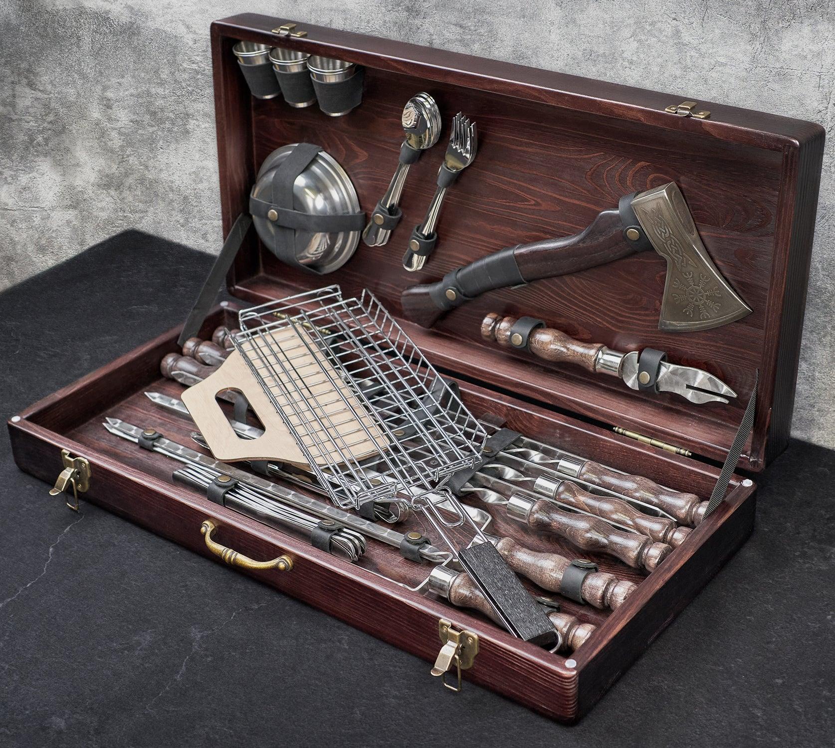 Barbecue Tools Set - Grilling Accessories – Skewers Set “Zubr” - BBQ Grills and Accessories in a Wooden Case, 42 item - Viking Create