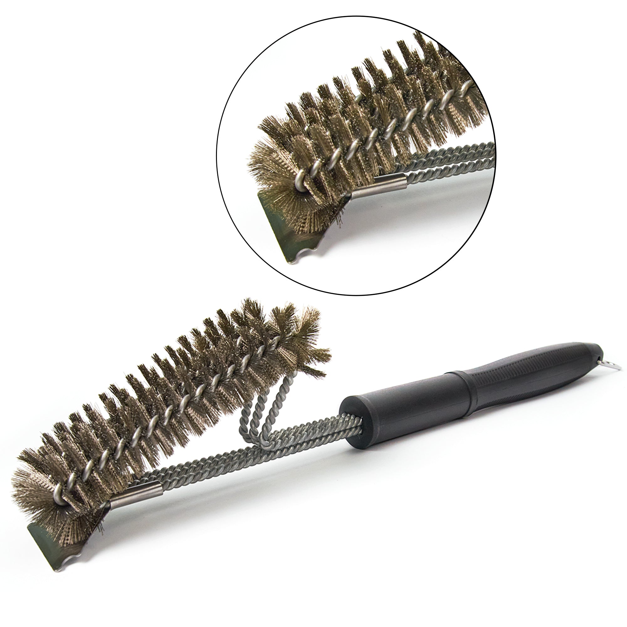 Three-row grill brush with scraper