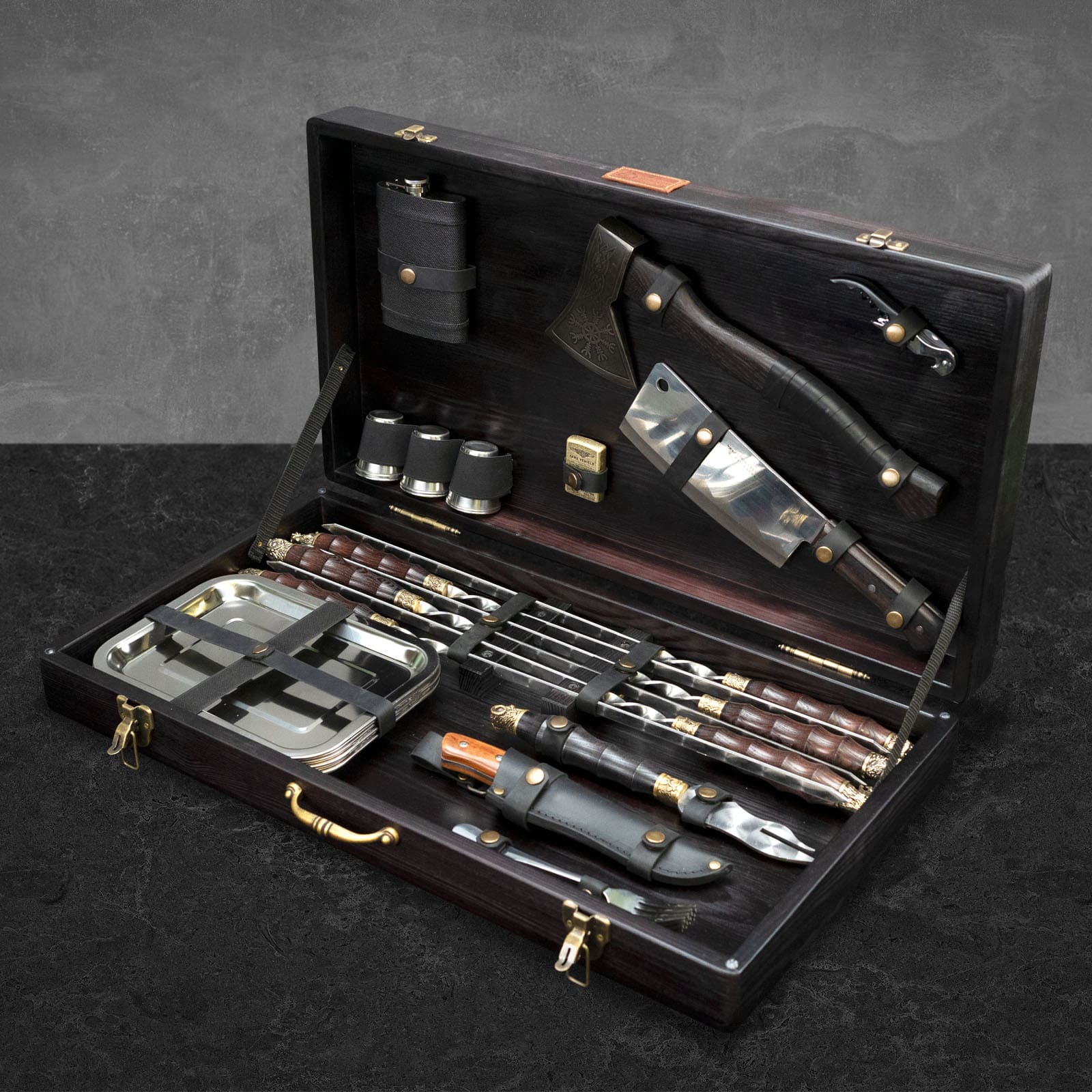 "Jotun" BBQ Tools Skewers Set in a Wooden Case, 32 items