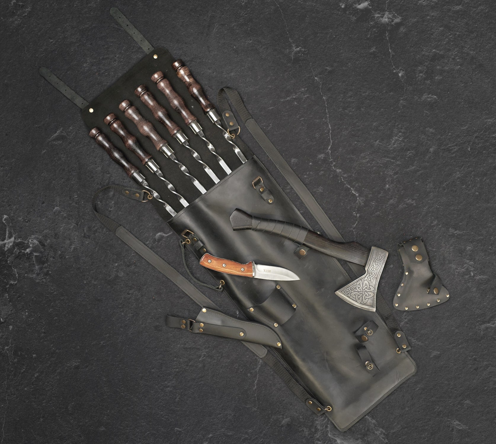 "Chieftain" Camping Accessories BBQ Skewers Set in a Leather Case, 9 items