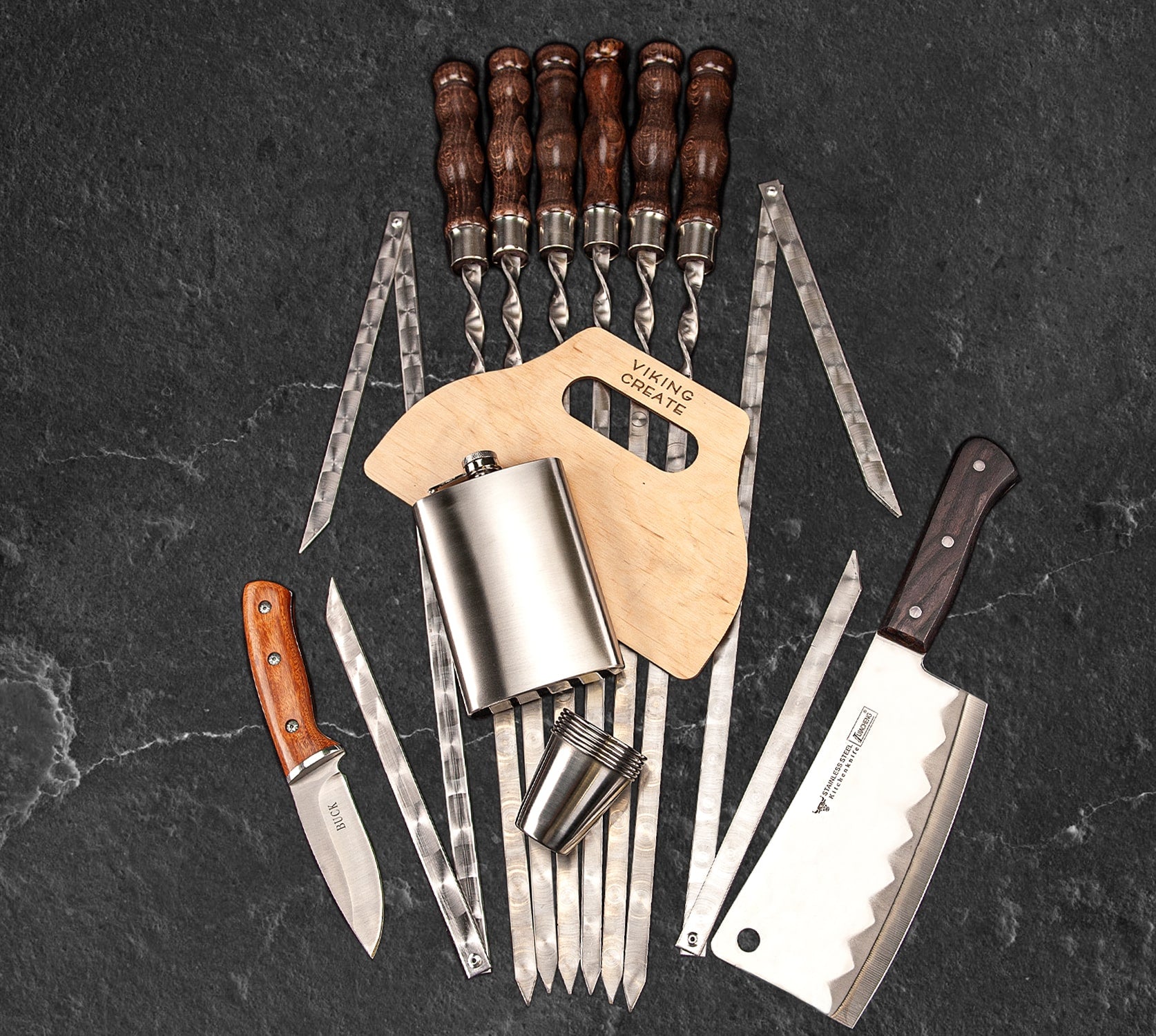 “Wild Pig" Camping Accessories BBQ Skewers Set in a Wooden Case, 17 items