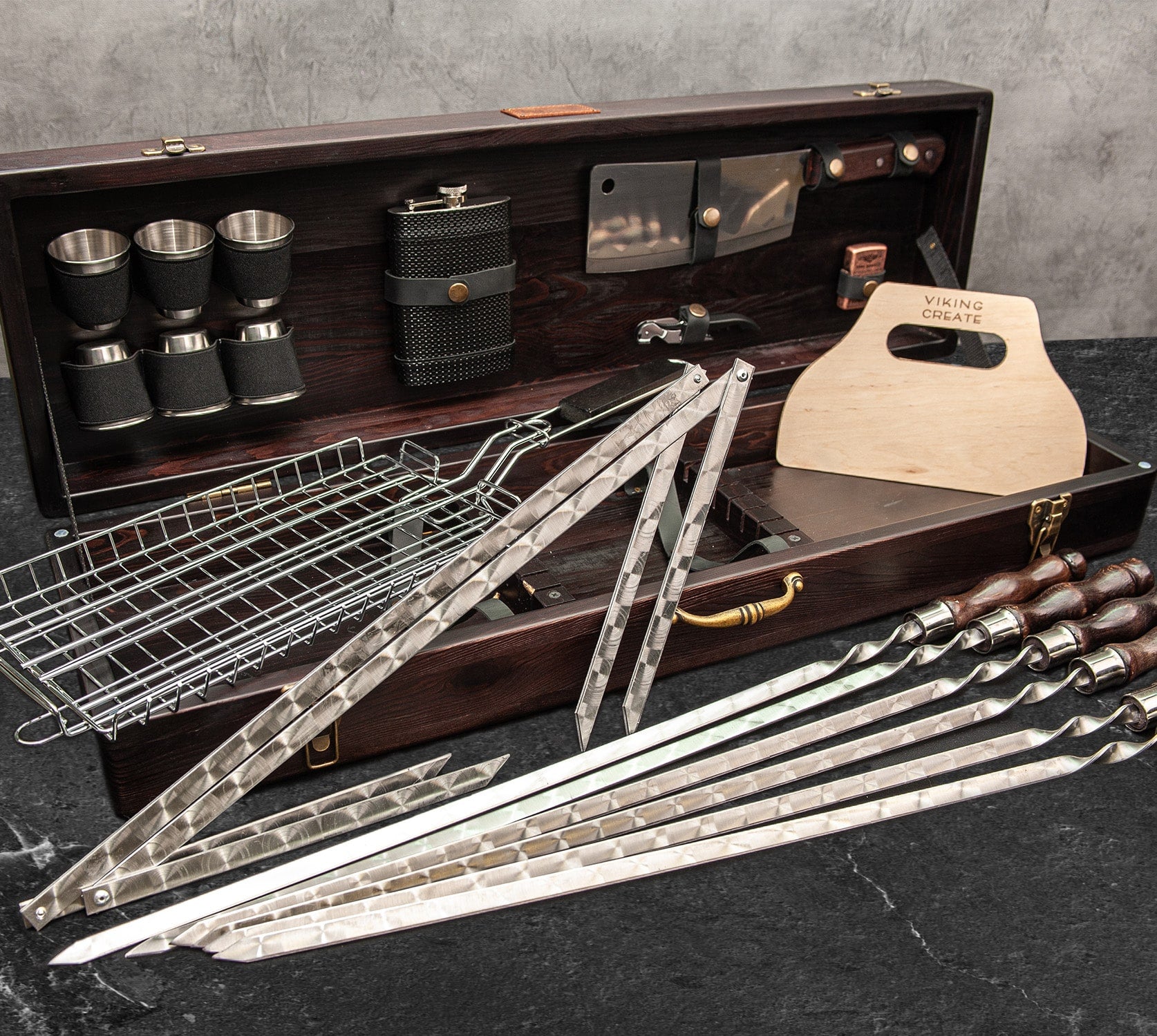 "Leopard" Grilled Kabobs BBQ Skewers Set in a Wooden Case, 19 items