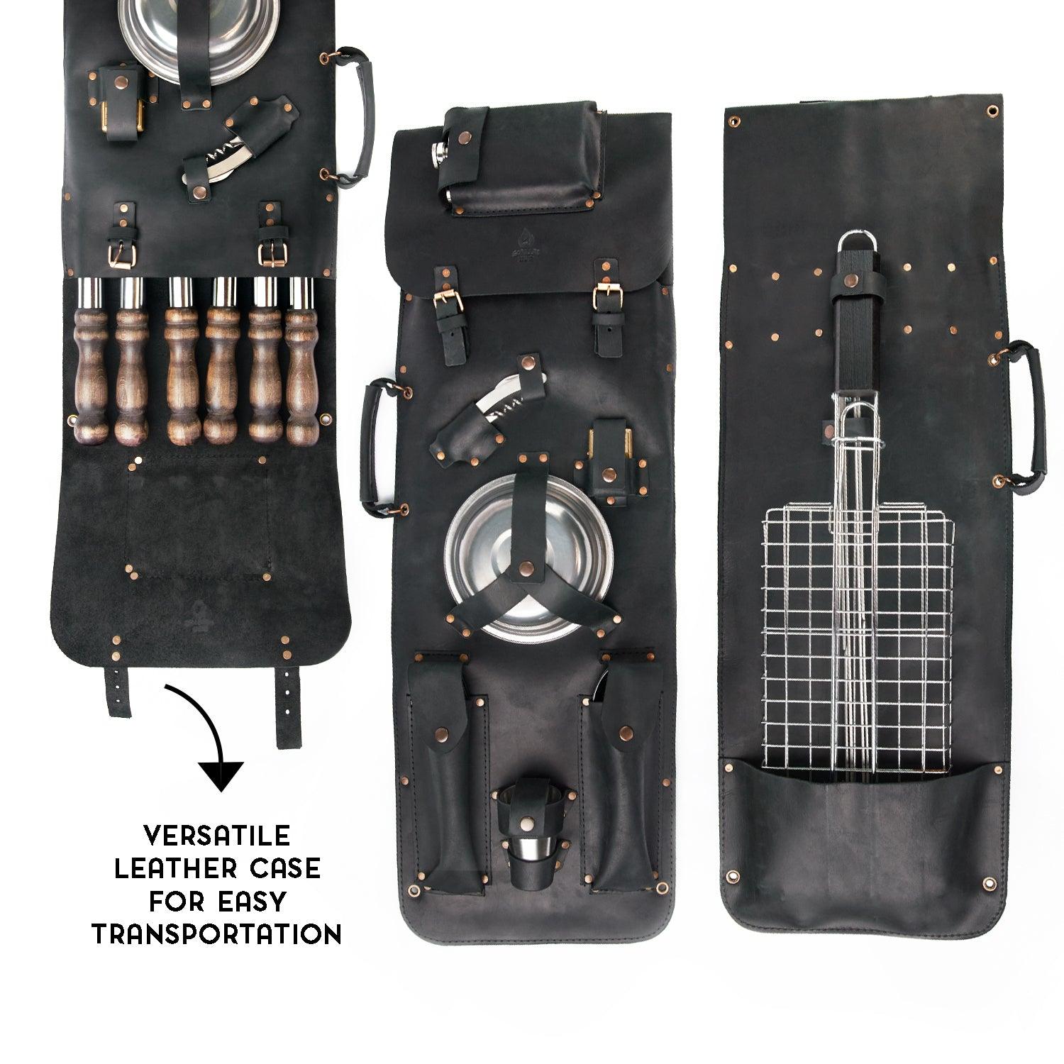 Barbeque Accessories Skewers set "The Traveler" for Outdoor Grill in a Leather Case, 35 item - Viking Create