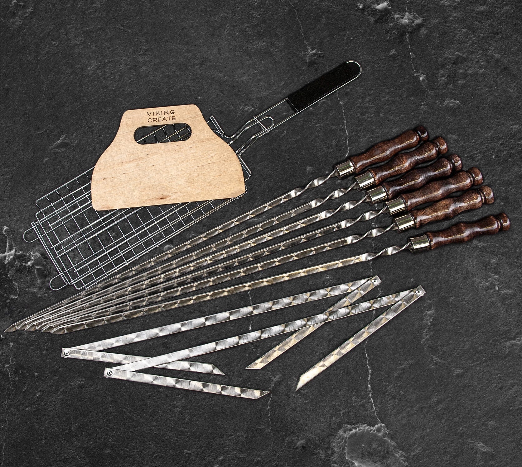 "Leopard" Grilled Kabobs BBQ Skewers Set in a Wooden Case, 19 items