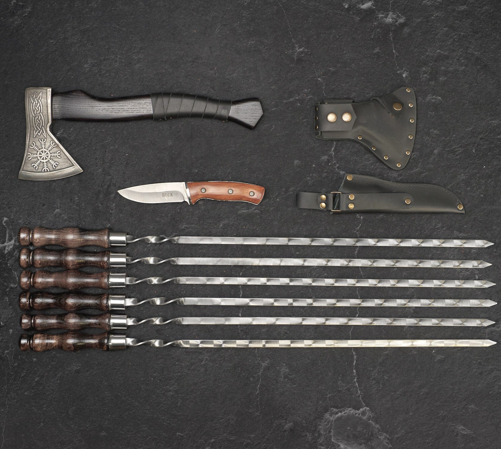 "Chieftain" Camping Accessories BBQ Skewers Set in a Leather Case, 9 items