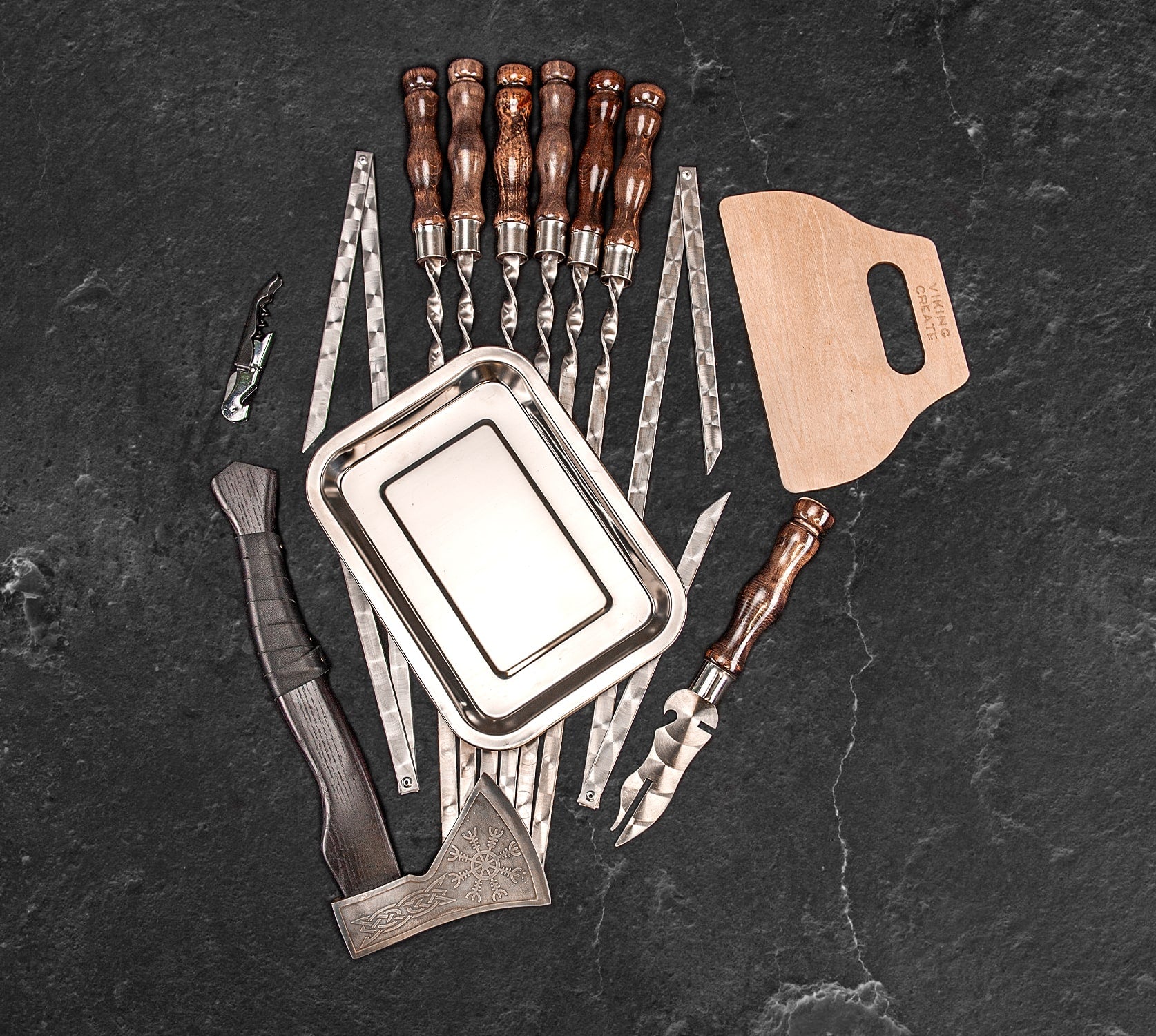 "Lynx" Outdoor Grilling Accessories BBQ Skewers Set in a Wooden Case, 12 items