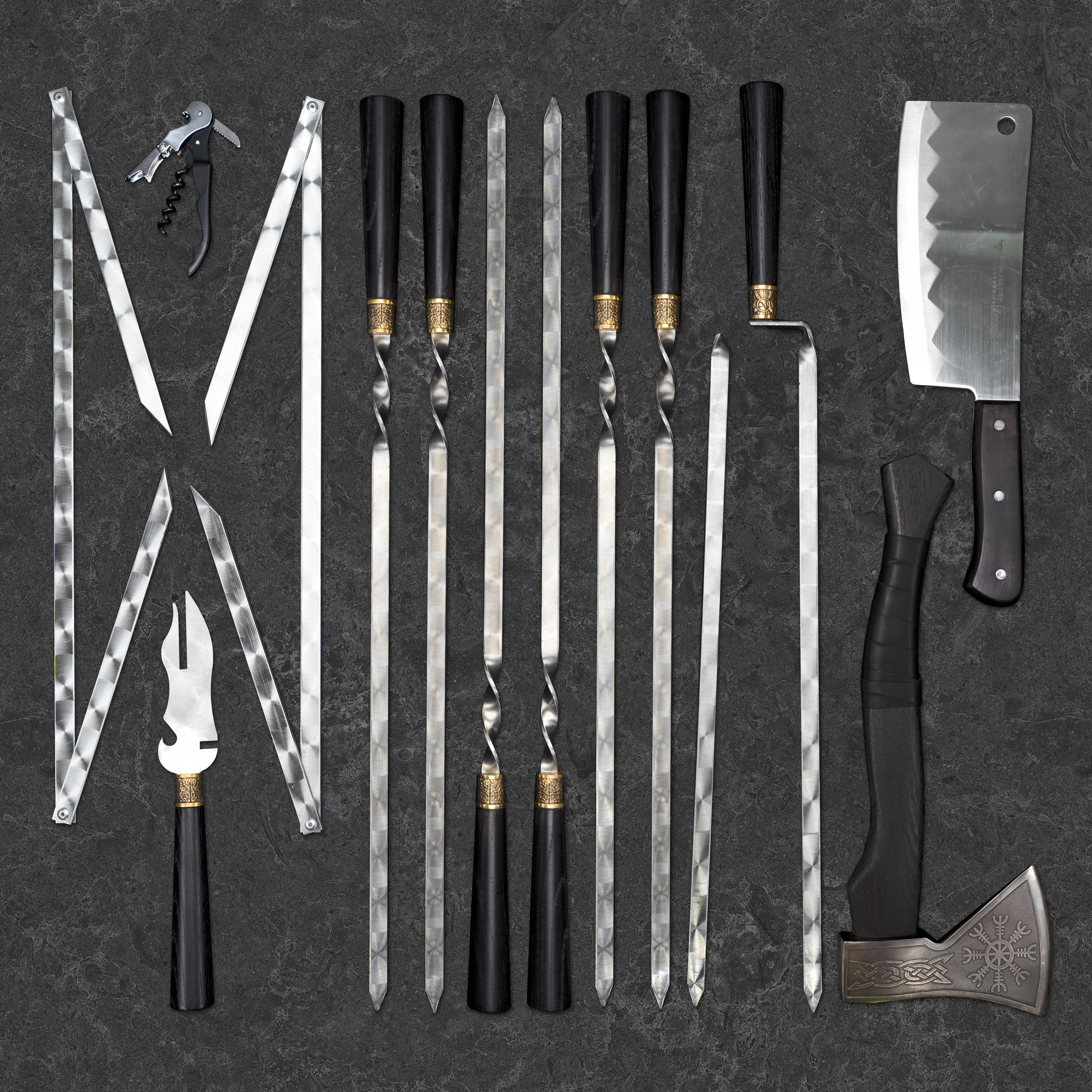 "Zebra" Grilling Accessories BBQ Skewers Set in a Wooden Case, 39 items