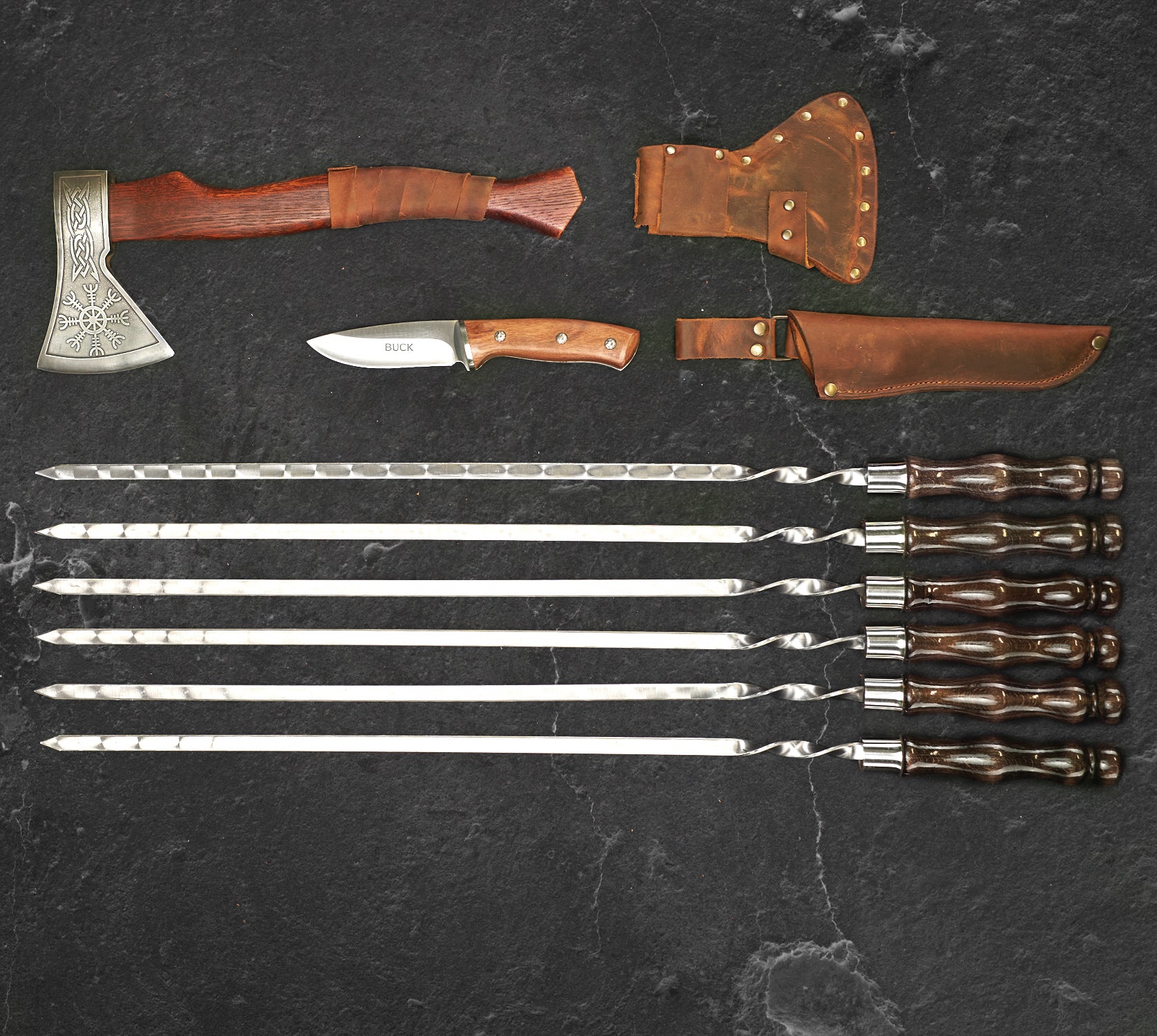 "Chieftain" Camping Accessories BBQ Skewers Set in a Leather Case, 9 items