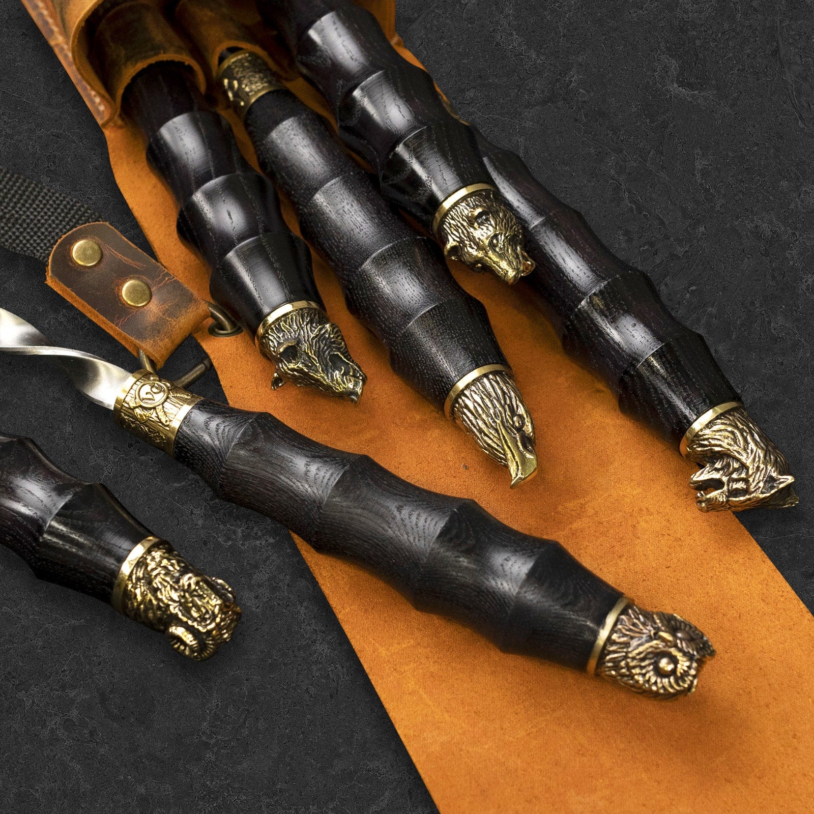 "Viking" Set in a Leather Case Camping Accessories BBQ Skewers Set in a Leather Case, 7 items