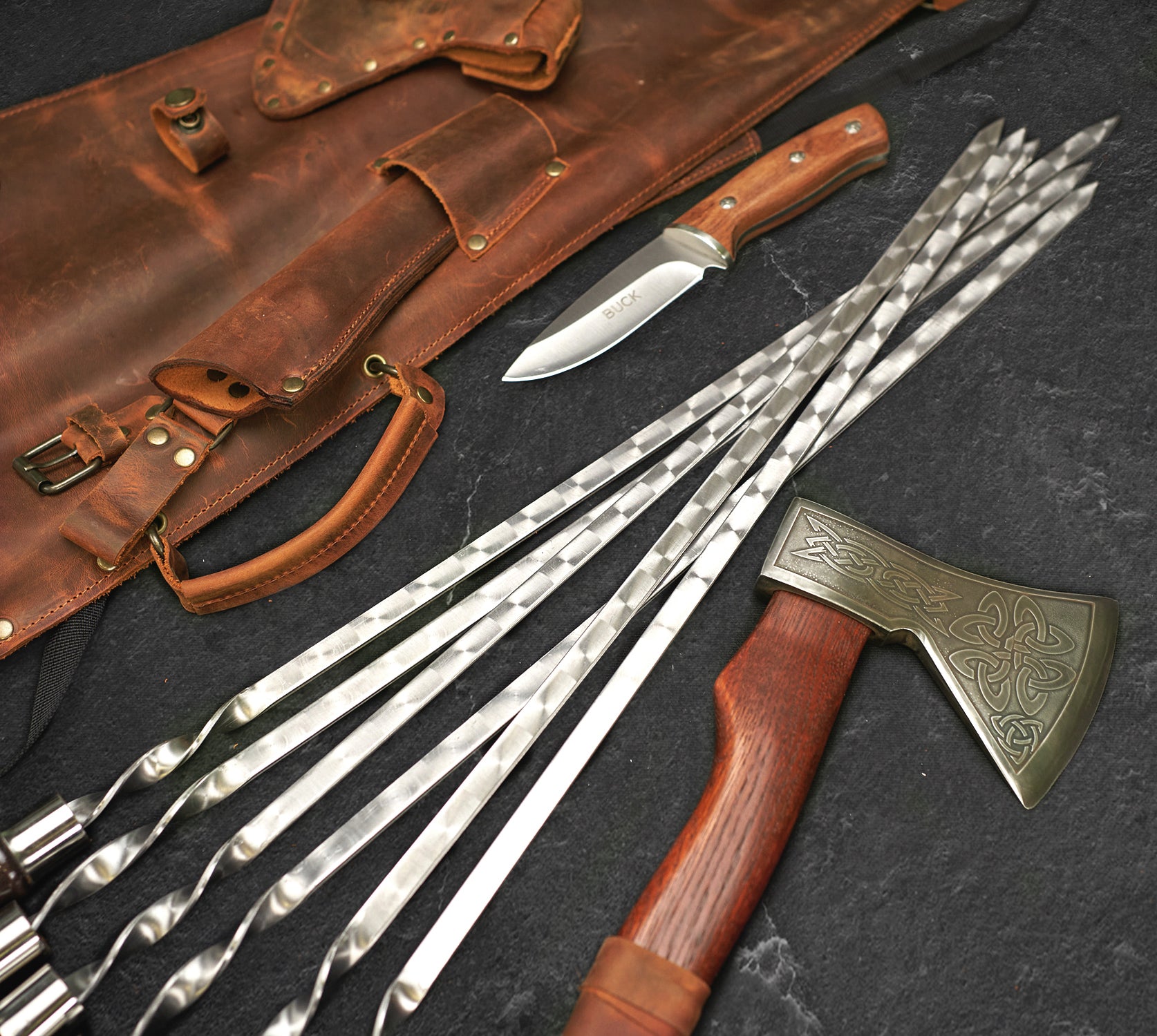 "Chieftain" Camping Accessories BBQ Skewers Set in a Leather Case, 9 items