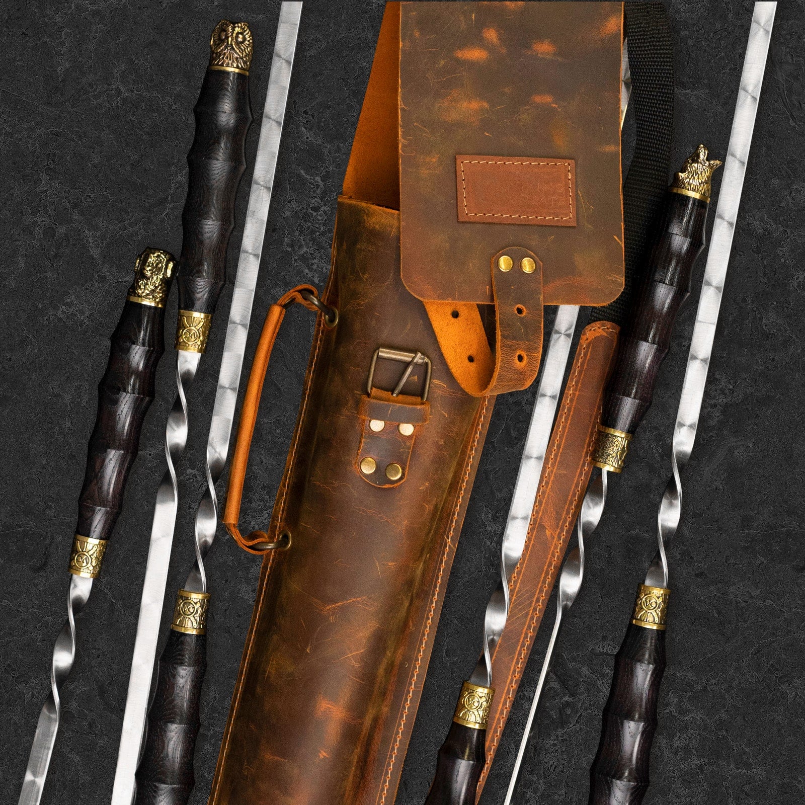 "Viking" Set in a Leather Case Camping Accessories BBQ Skewers Set in a Leather Case, 7 items