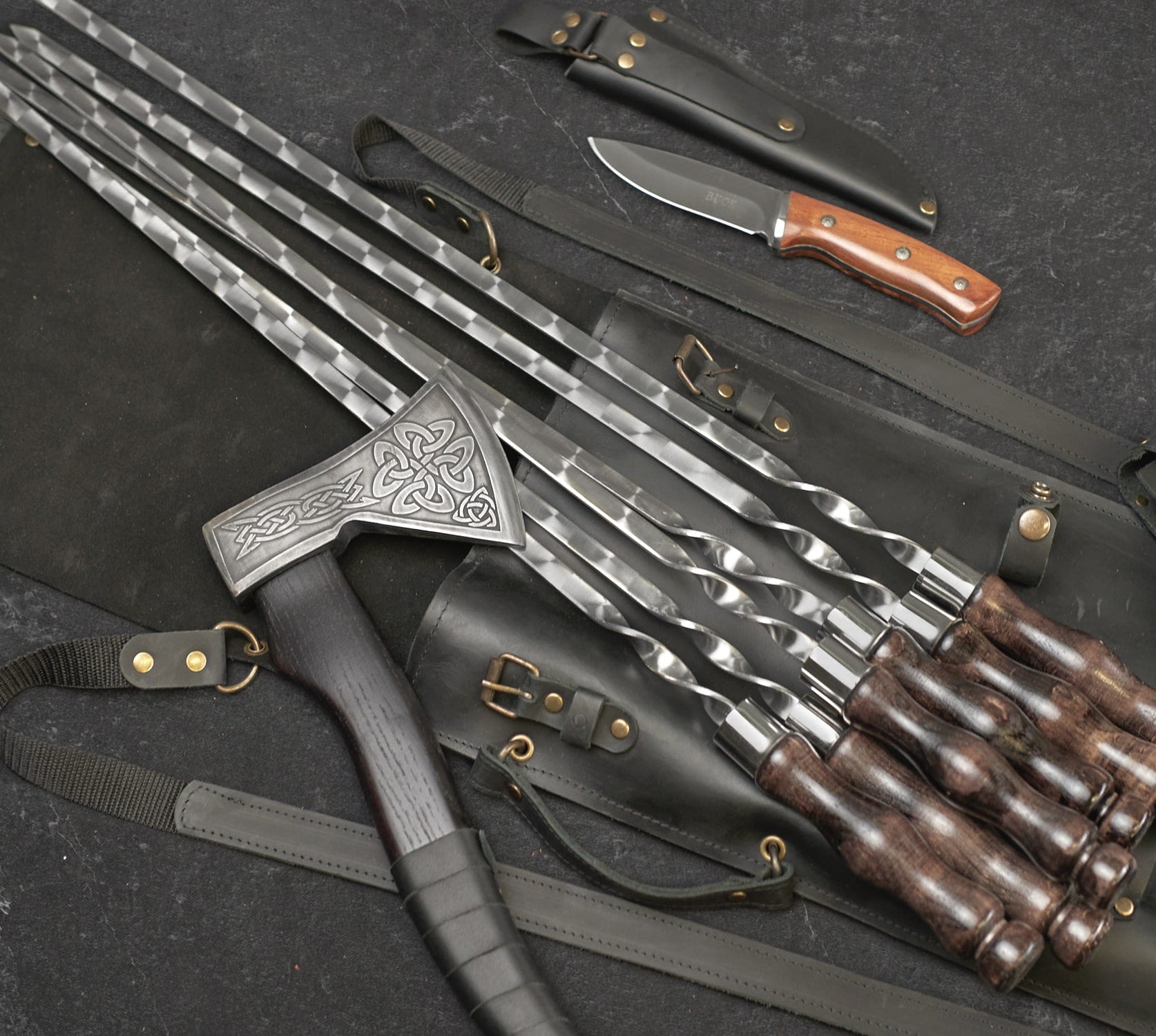 "Chieftain" Camping Accessories BBQ Skewers Set in a Leather Case, 9 items