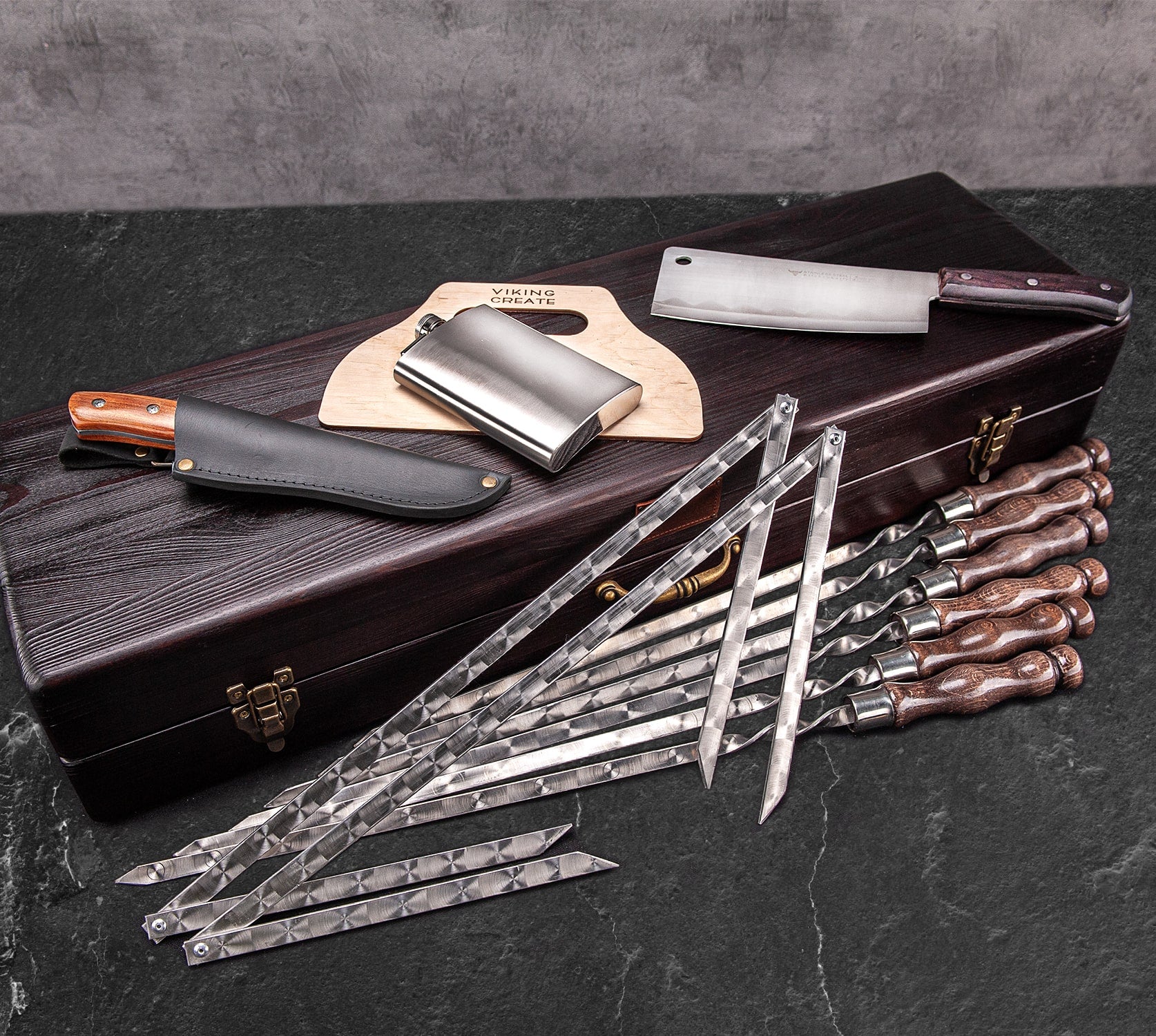 “Wild Pig" Camping Accessories BBQ Skewers Set in a Wooden Case, 17 items