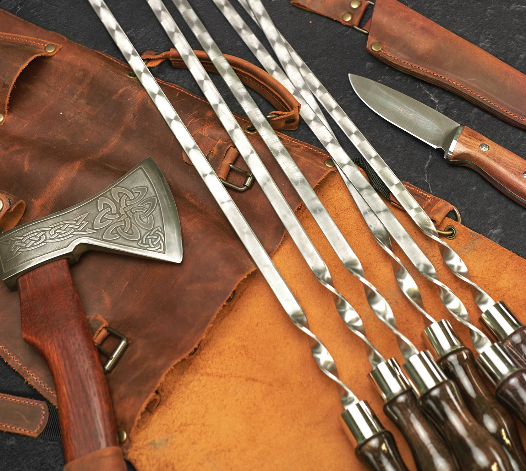 "Chieftain" Camping Accessories BBQ Skewers Set in a Leather Case, 9 items