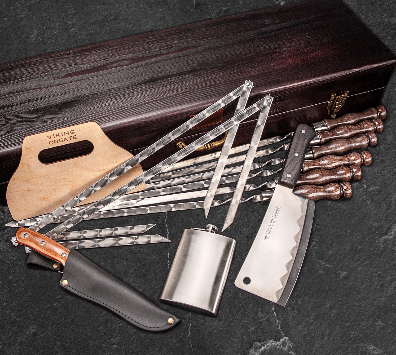 “Wild Pig" Camping Accessories BBQ Skewers Set in a Wooden Case, 17 items