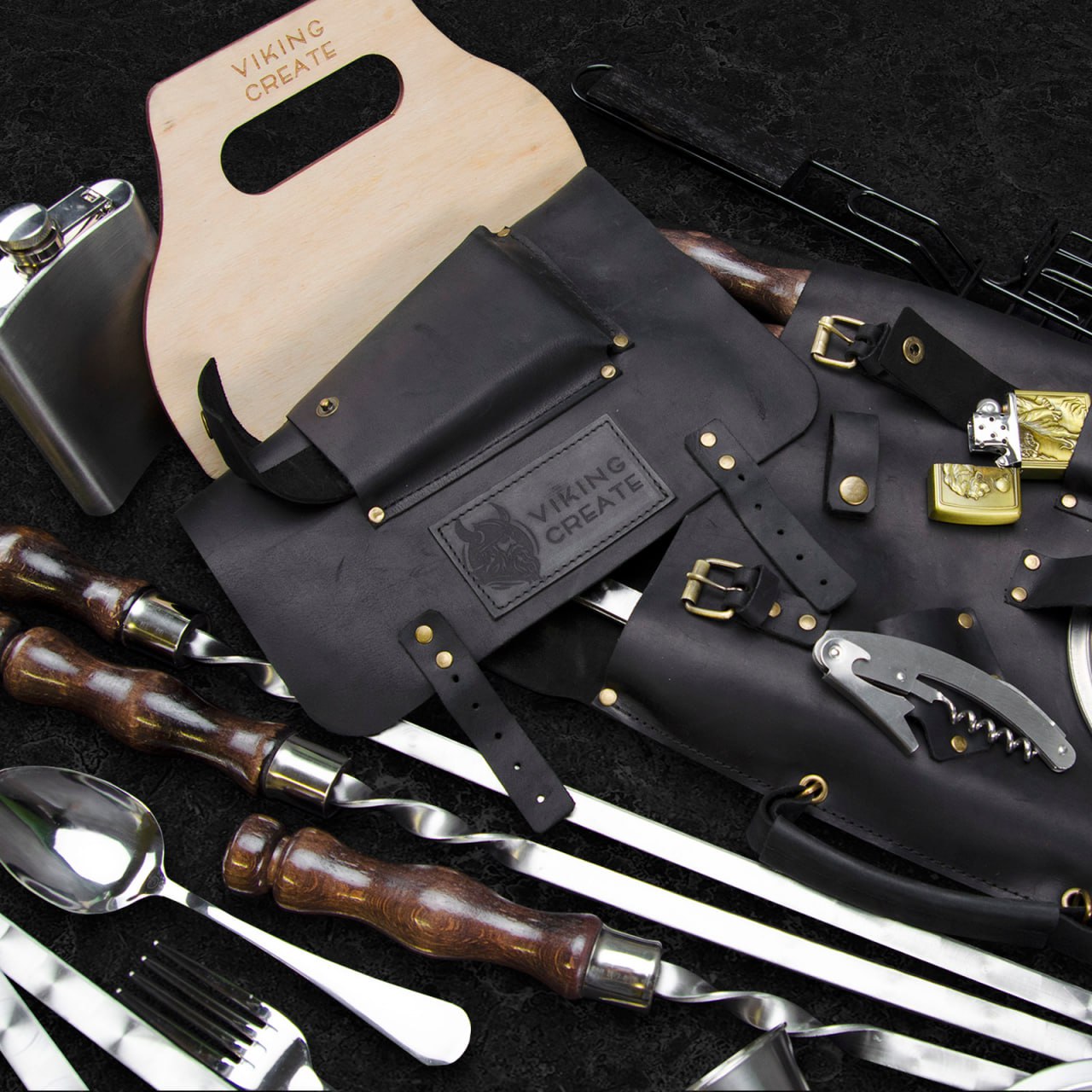 “The Traveler" Camping Accessories BBQ Skewers Set in a Leather Case , 35 items