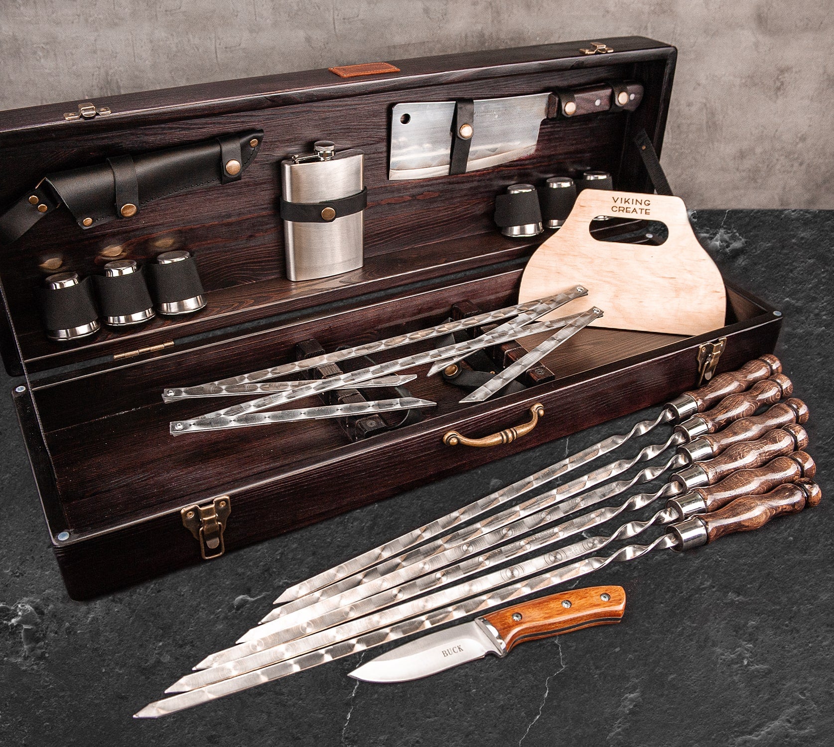 “Wild Pig" Camping Accessories BBQ Skewers Set in a Wooden Case, 17 items