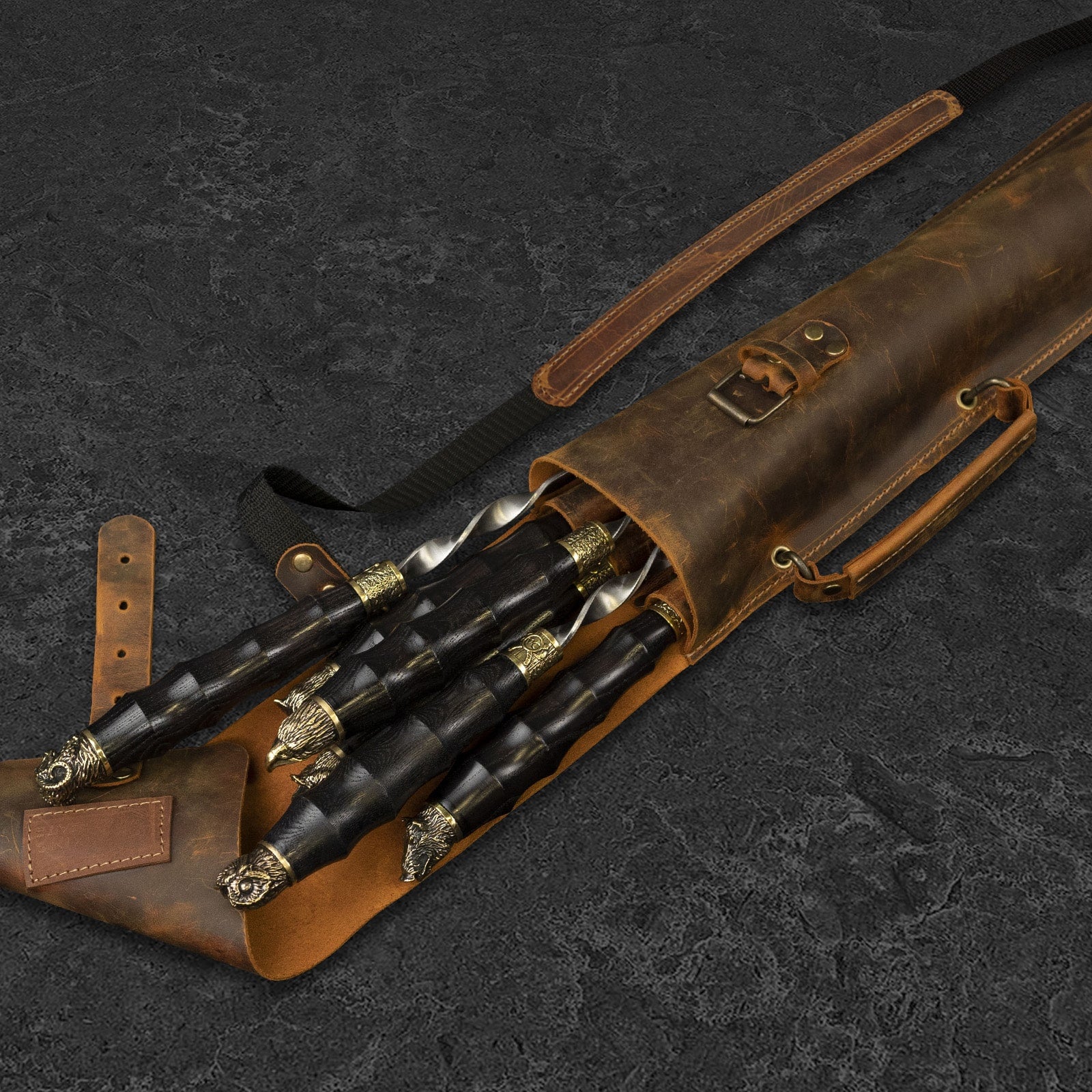 "Viking" Set in a Leather Case Camping Accessories BBQ Skewers Set in a Leather Case, 7 items