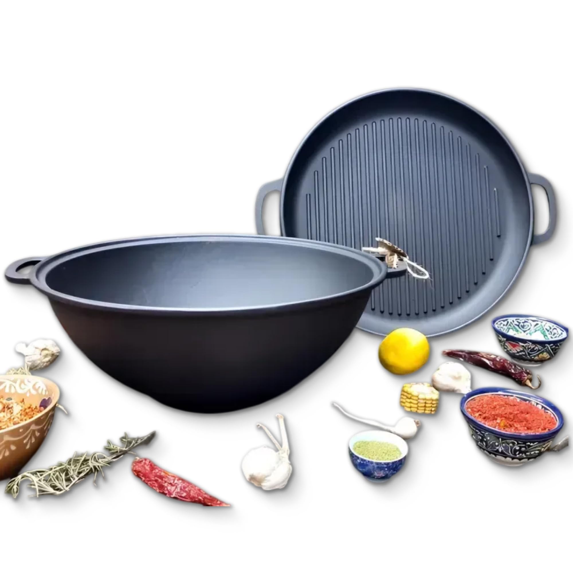 12.5 Quarts (12 L) Cast Iron Uzbek Cauldron with Grill Pan Lid