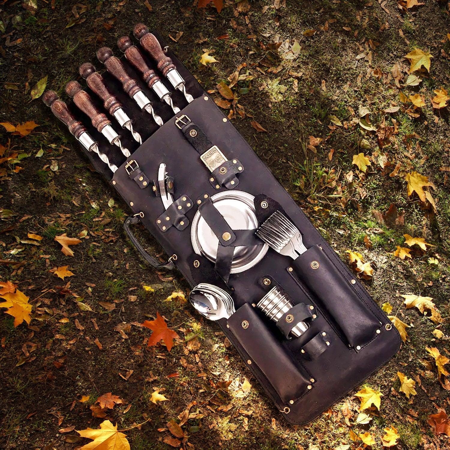 Barbeque Accessories Skewers set "The Traveler" for Outdoor Grill in a Leather Case, 35 item - Viking Create