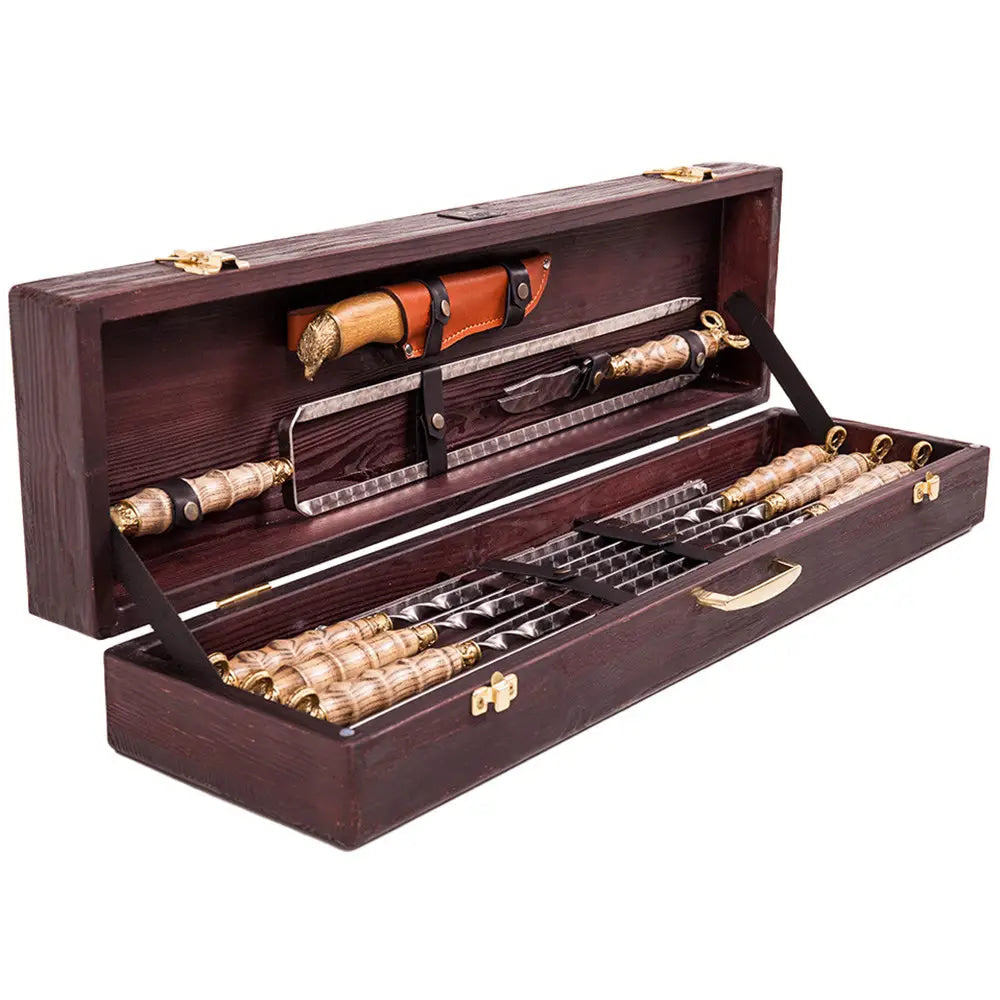 "Argali" Grilling Accessories BBQ Skewers Set in a Wooden Case, 11 items