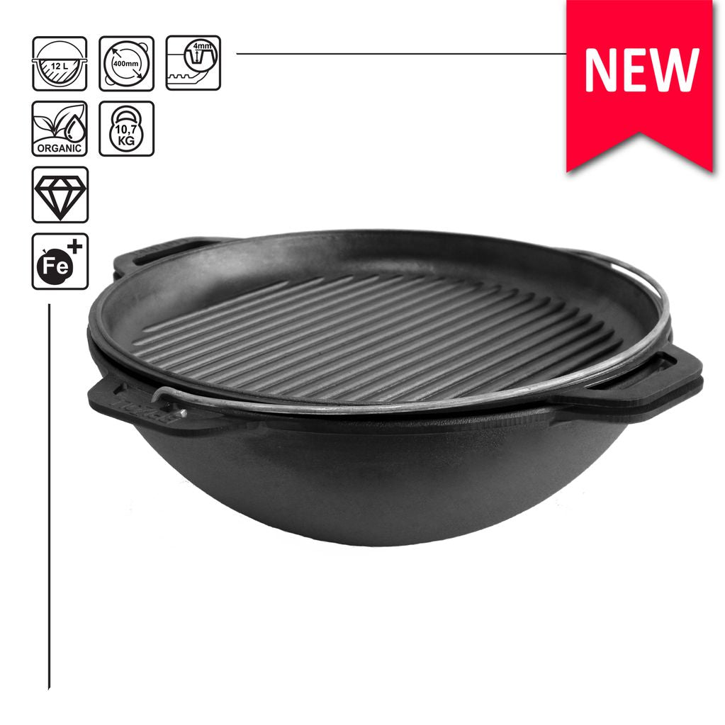 12,68 quart Asian Kazan Combo Cooker with a Frying Pan Lid and Grill  Dutch Oven