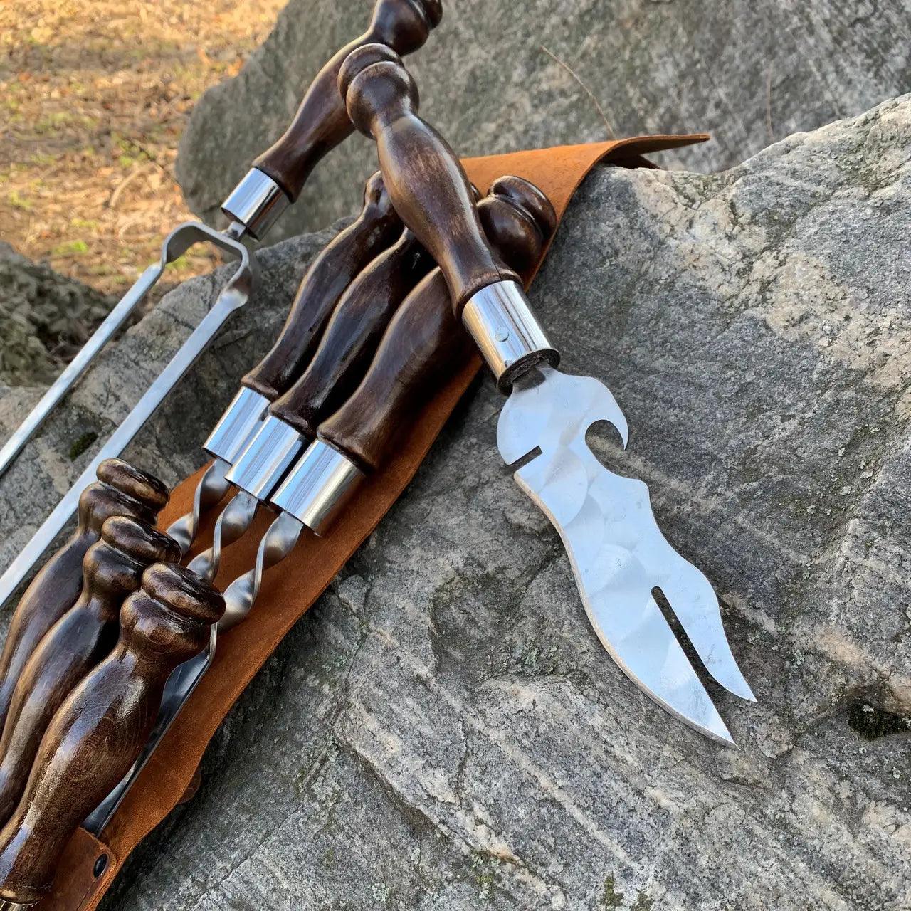 BBQ Tools Skewers Set "Quiver Max" Grilling in a Leather Case, 9 item - Viking Create