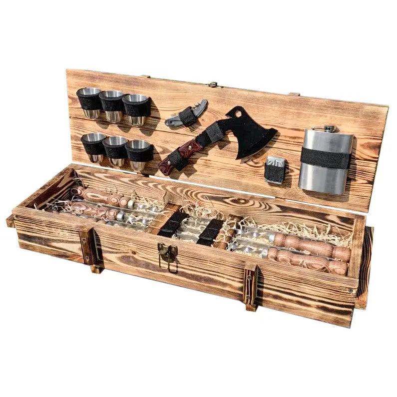 Outdoor BBQ Skewers Set "Knight" In a Wooden Case, 17 item - Viking Create