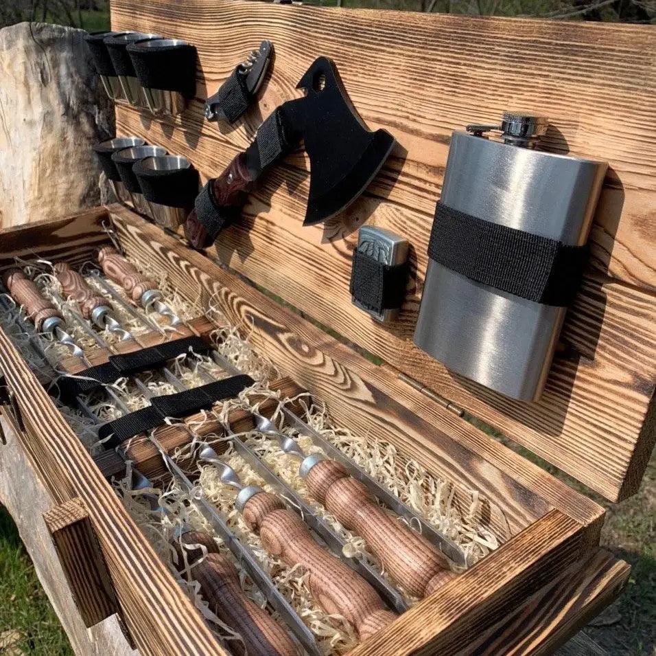 Outdoor BBQ Skewers Set "Knight" In a Wooden Case, 17 item - Viking Create