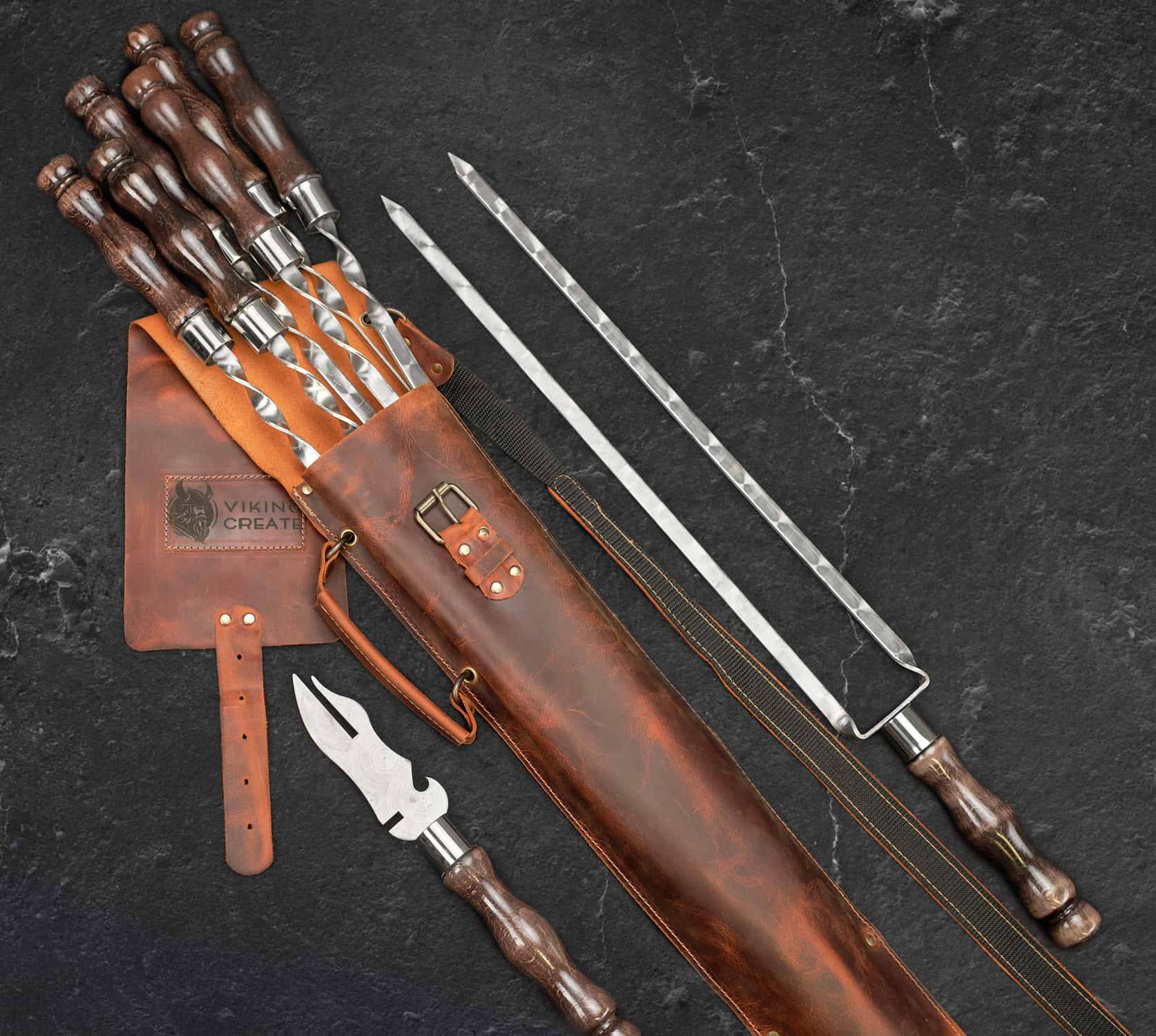 BBQ Tools Skewers Set  "Quiver Max" Grilling in a Leather Case, 9 item