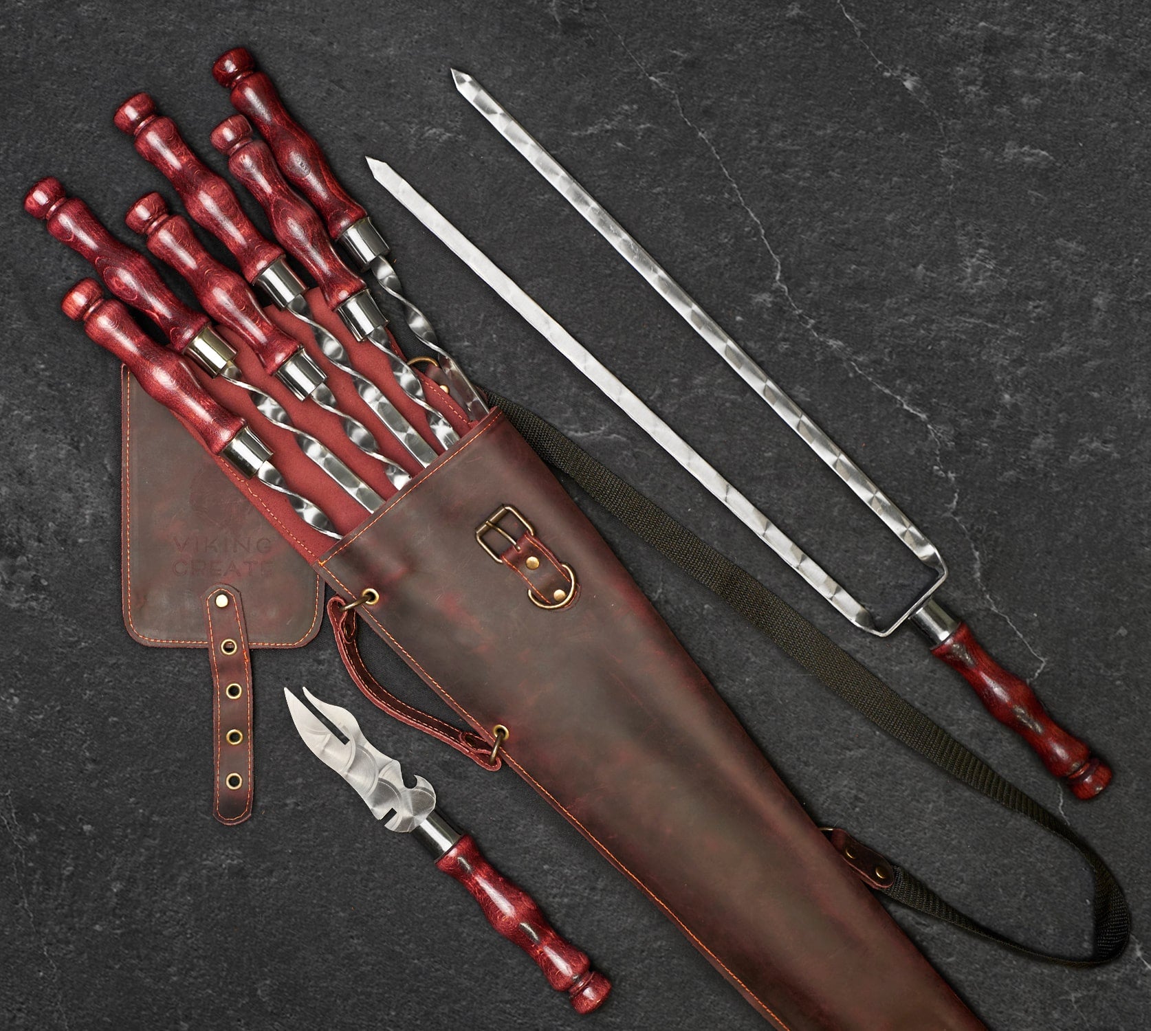 Barbecue Grilling Accessories - Barbecue Tools Set "Hunting Quiver" – Skewers Set - BBQ Grills and Accessories in a Leather Case, Camping Equipment, 8 items
