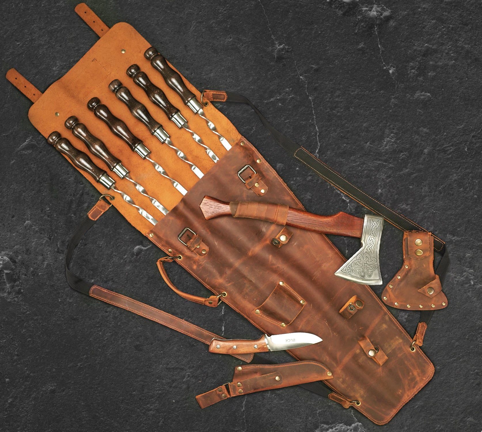 "Chieftain" Camping Accessories BBQ Skewers Set  in a Leather Case, 9 items