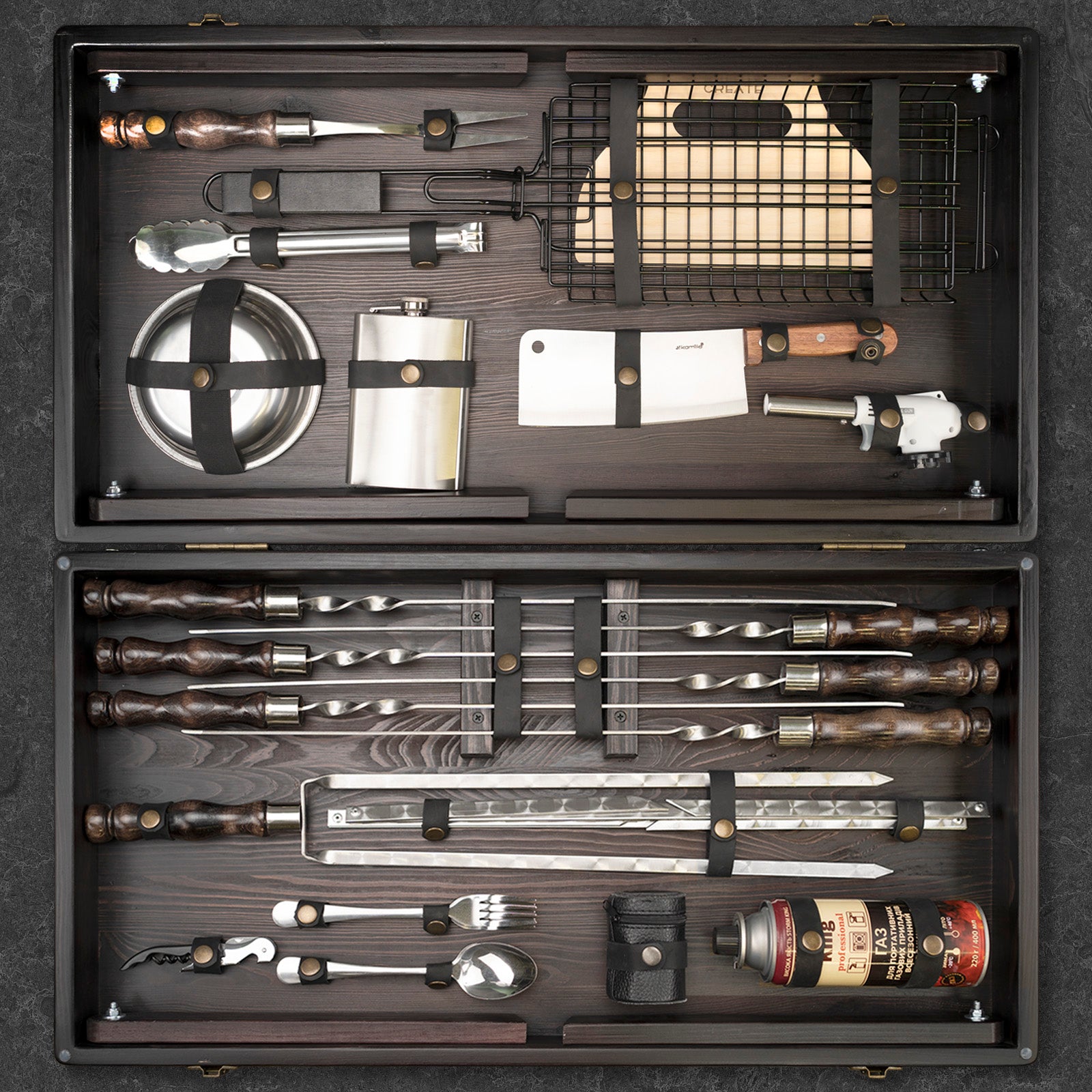 “Forseti 2.0" Camping Accessories BBQ Skewers Set  in a Wooden Case - Table, 32 items