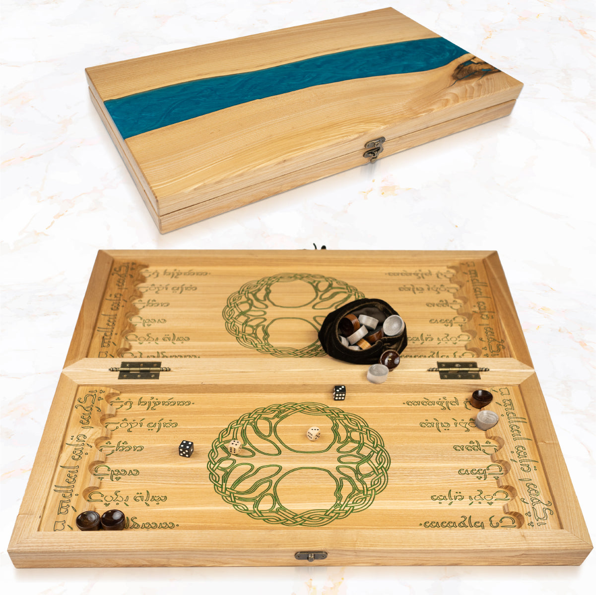 Handmade backgammon made of natural wood and epoxy resin 25.59*25.59 inch (65*65 cm)