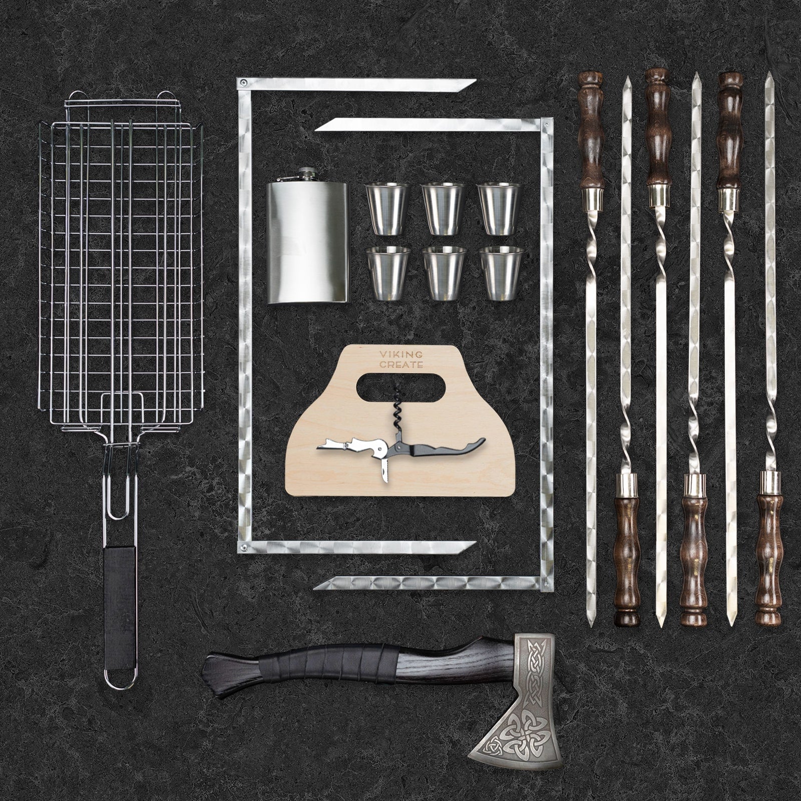 “Panther" Camping Accessories BBQ Skewers Set  in a Wooden Case, 18 items