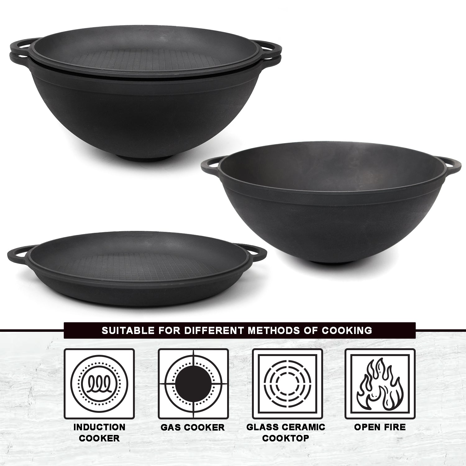 8,45 quart Braiser Pan WOK High-Quality Cast Iron with a Frying Pan Lid 2 in 1, Outdoor Cooking