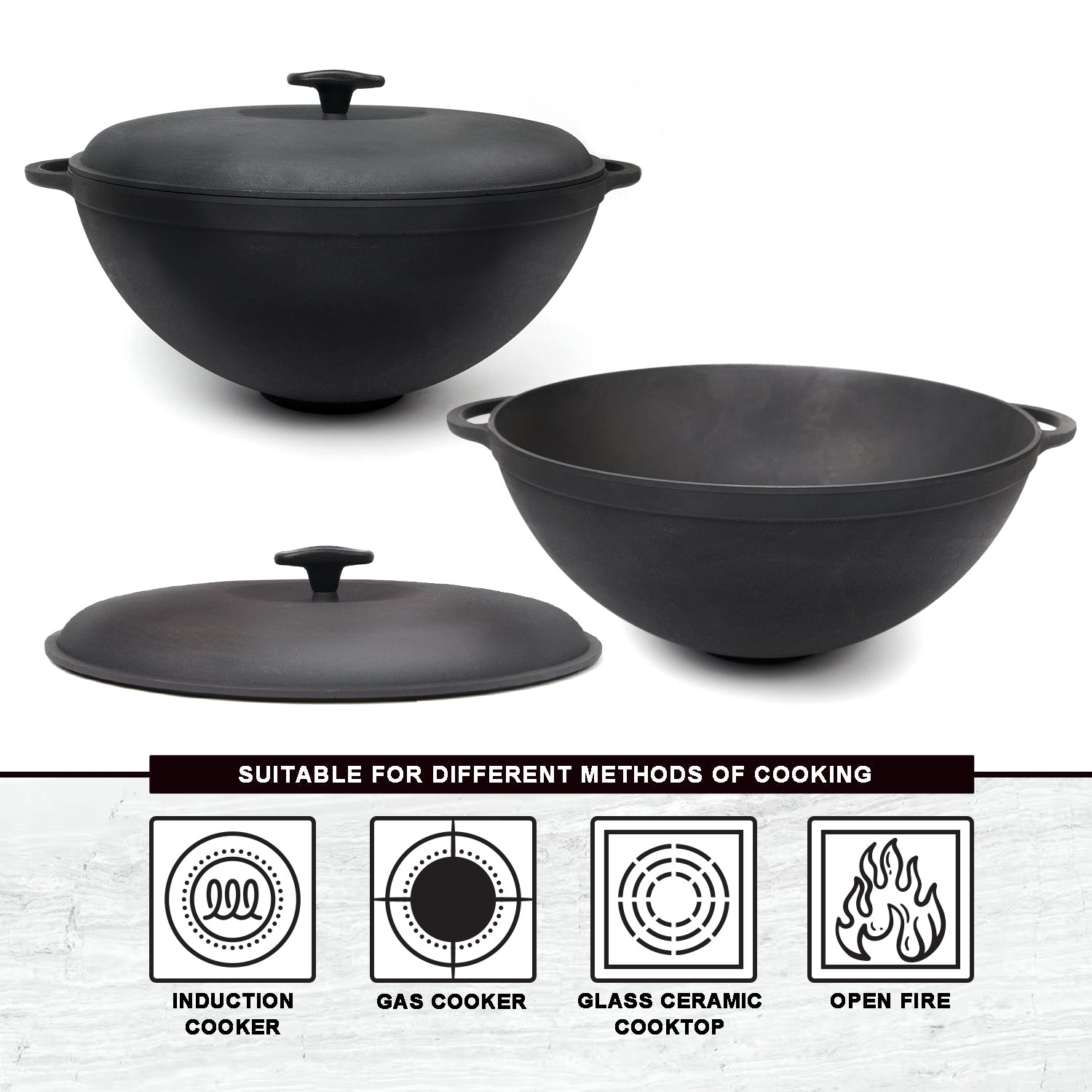 8,45 quart Braiser Pan WOK High-Quality Cast Iron with a Cast Iron Lid, Outdoor Cooking