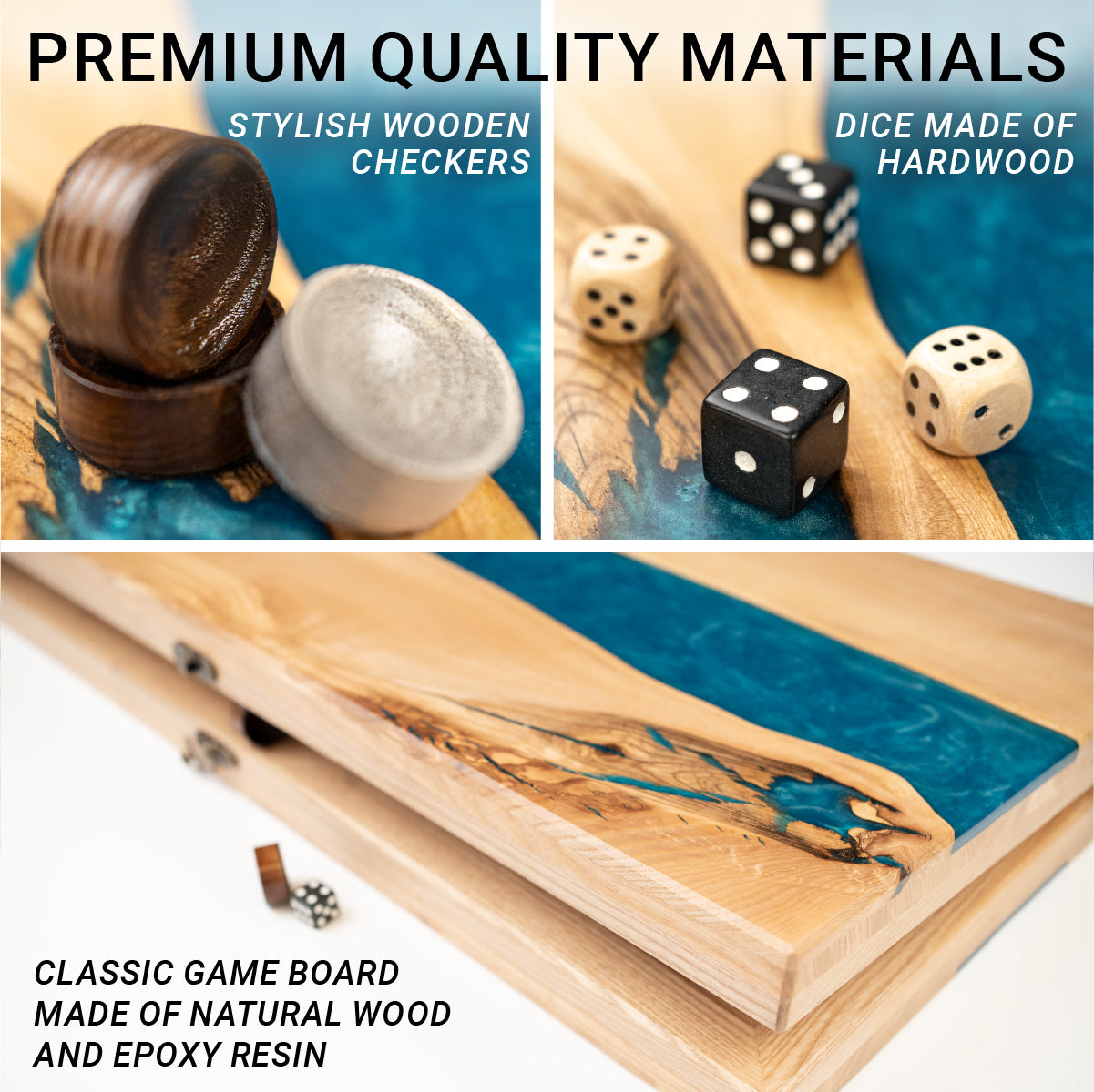 Handmade backgammon made of natural wood and epoxy resin 25.59*25.59 inch (65*65 cm)