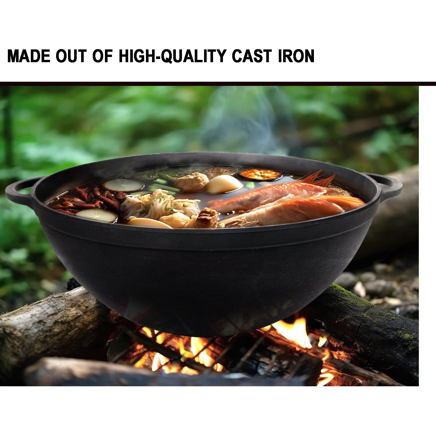 8,45 quart Braiser Pan WOK High-Quality Cast Iron with a Frying Pan Lid 2 in 1, Outdoor Cooking
