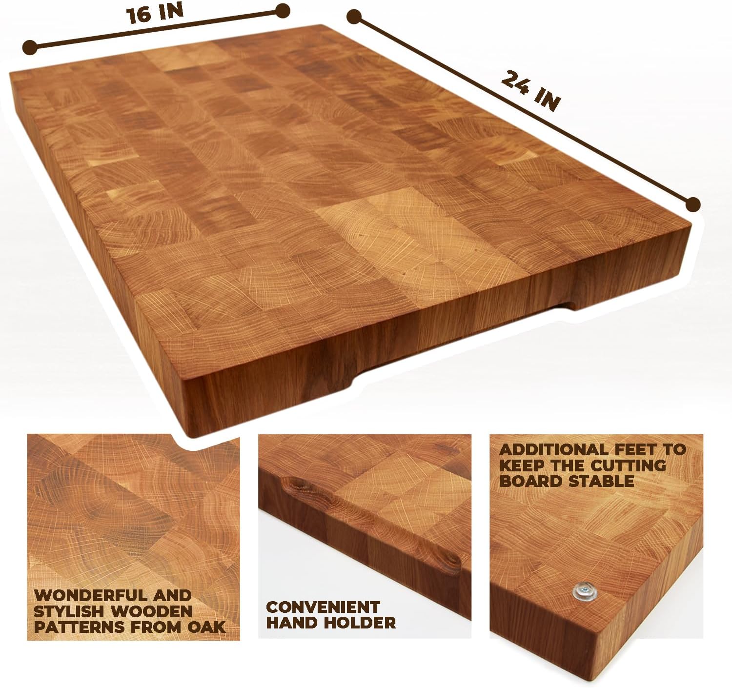 Wooden Cutting Board for Kitchen (23.5 x 15.7 Inches Oak Wood) – Premium Kitchen Chopping Board [1.5 in Thick] – Butcher Block Kitchen Essentials - End Grain Board