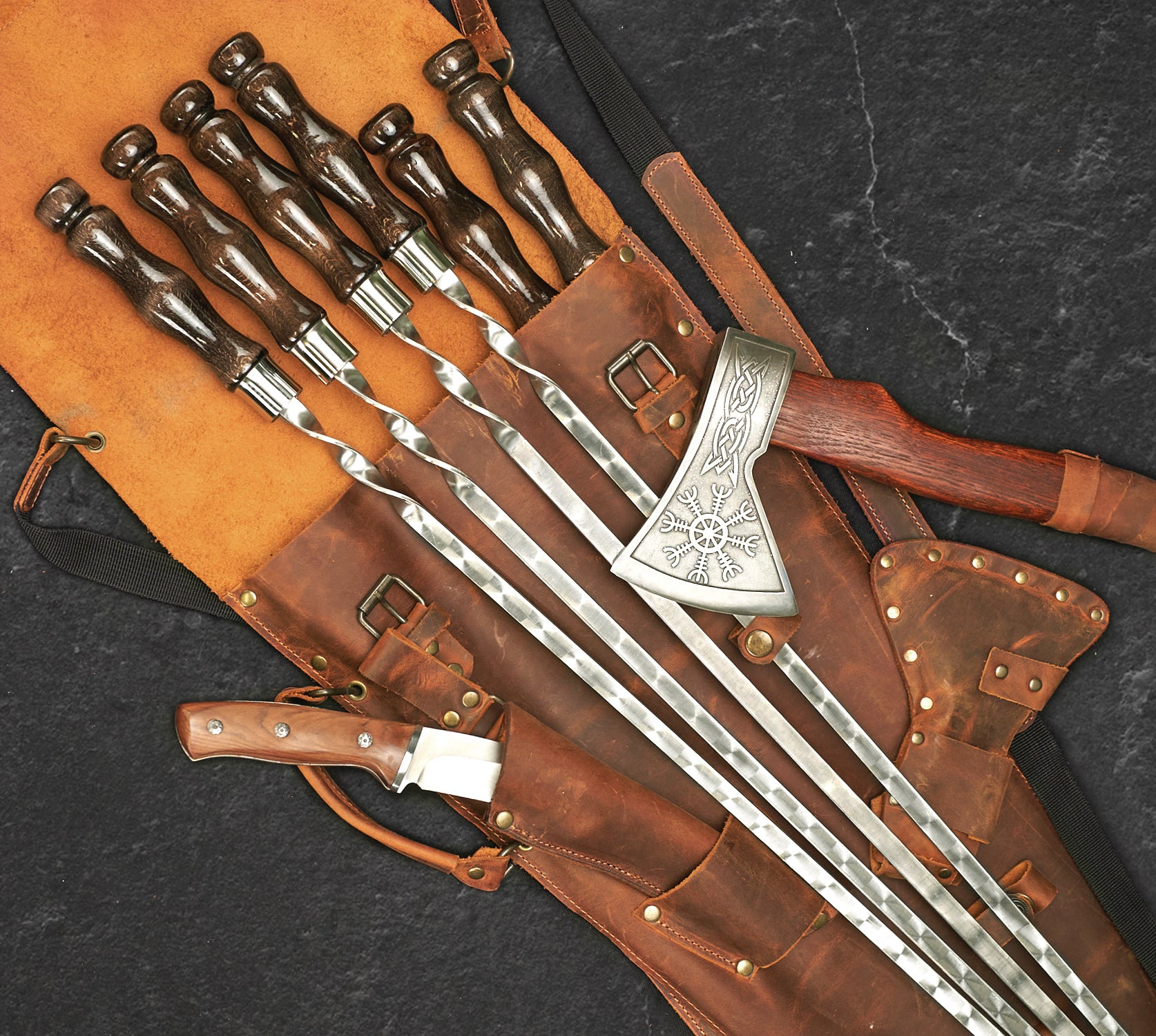 “Chieftain" Camping Accessories BBQ Skewers Set  in a Leather Case, 9 items