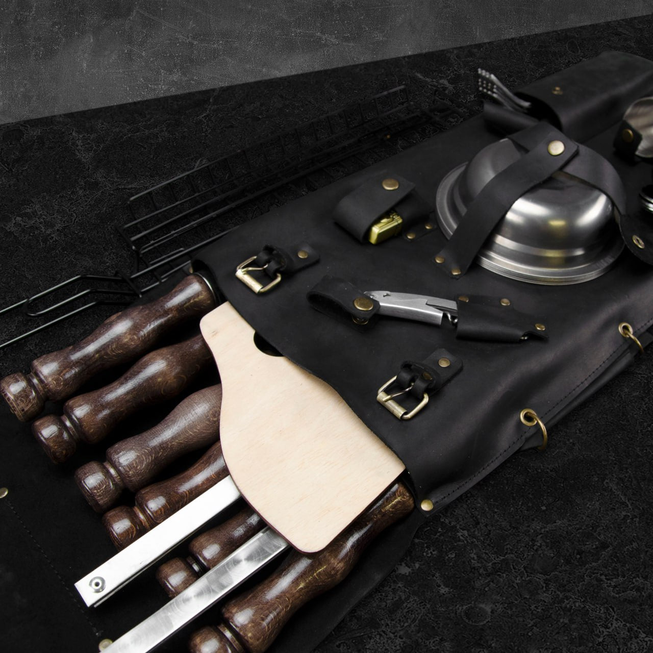 “The Traveler" Camping Accessories BBQ Skewers Set in a Leather Case , 35 items