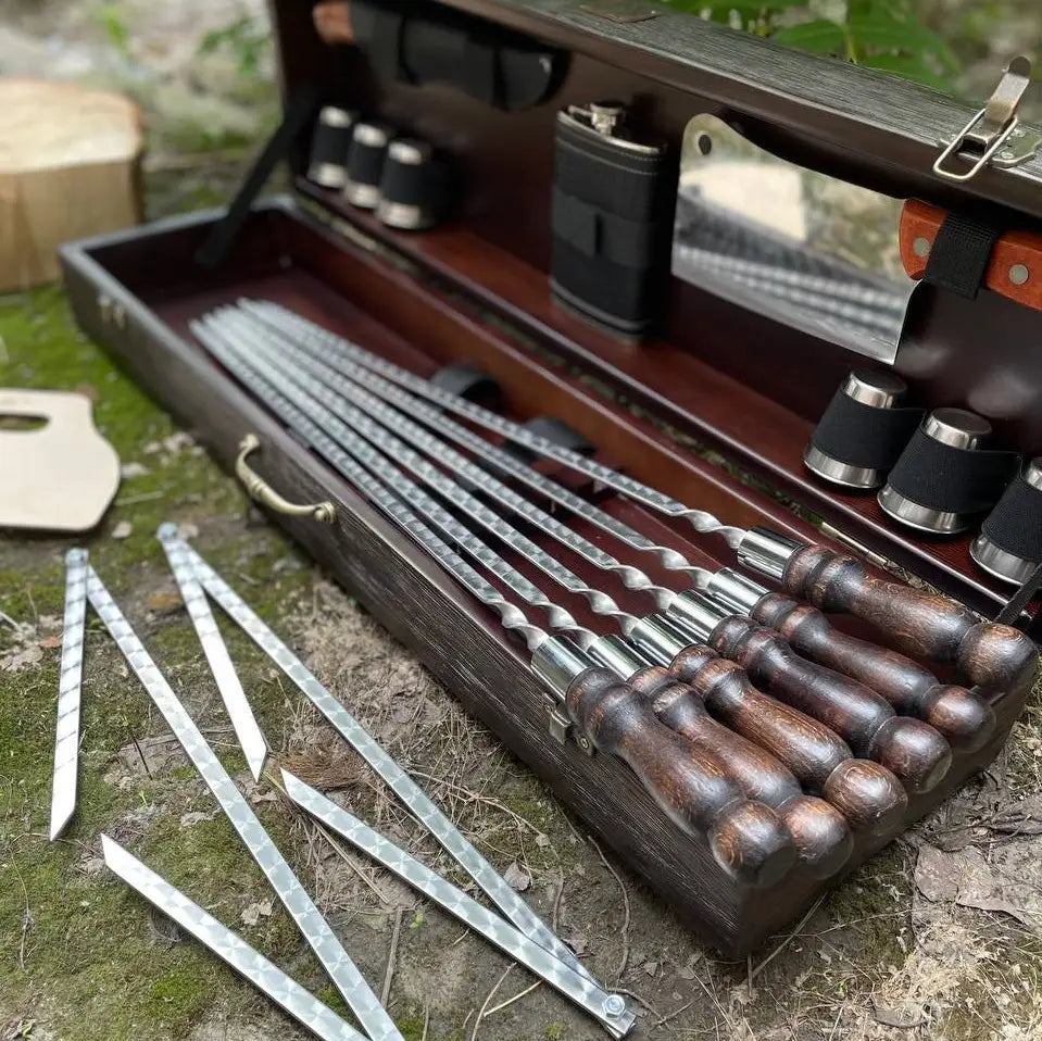 WITH DAMAGE. BBQ Tools Skewers Set "Wild Pig" for Outdoor Cooking In a Wooden Case , 17 items.