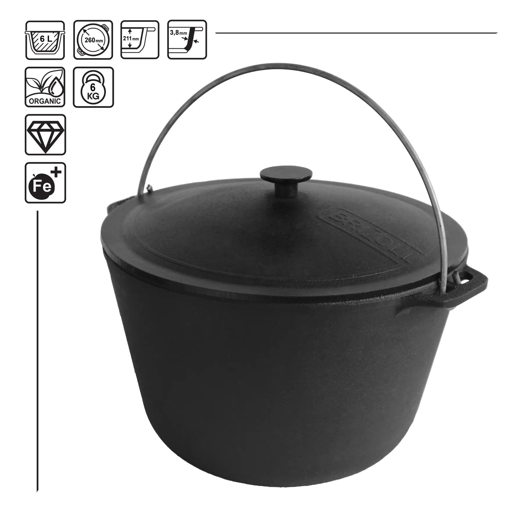 6.34 Quarts Dutch Oven Pot with Lid, Cast Iron Cauldron Uzbek Kazan Cast Iron, Premium Camping Cookware